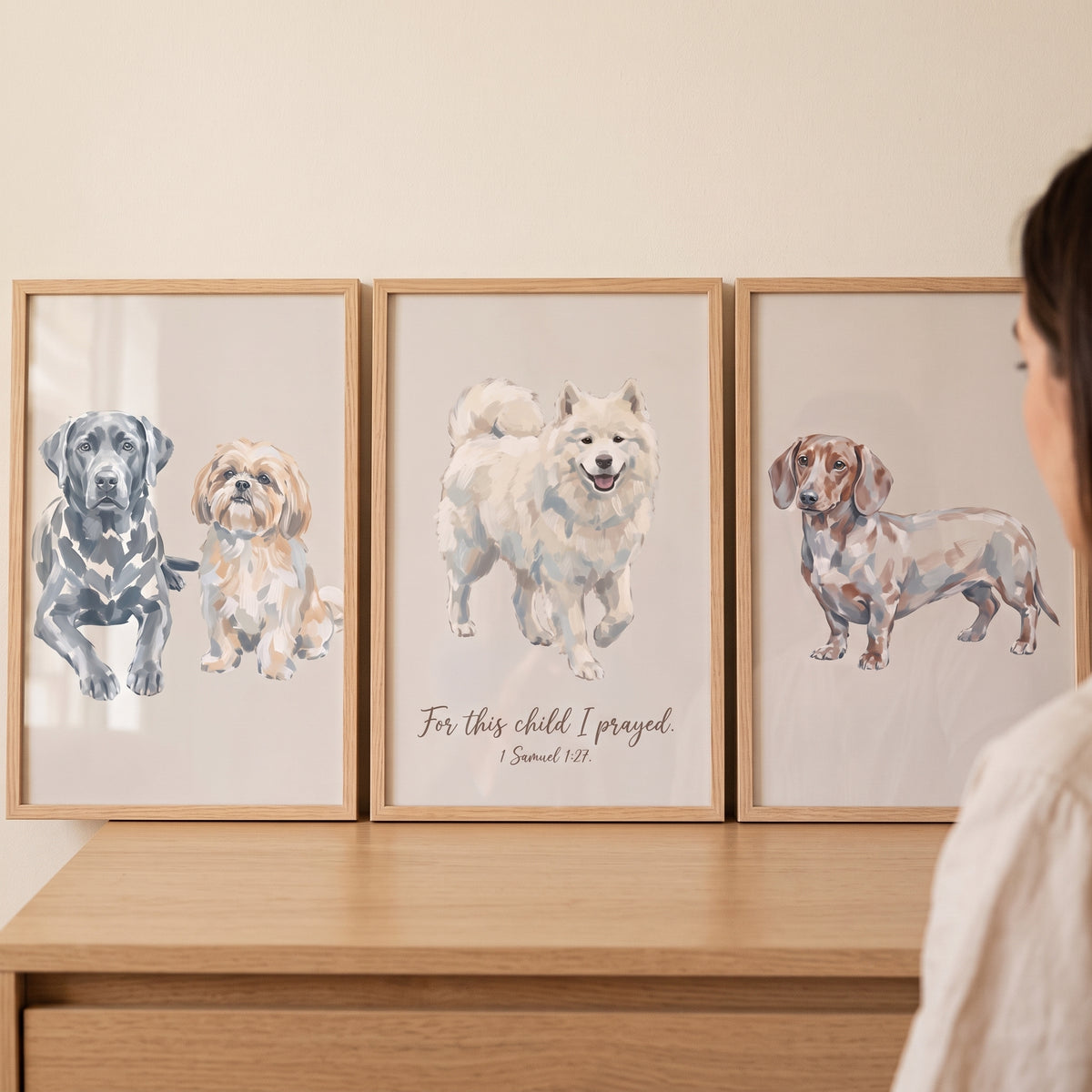 Sophisticated beige painterly dogs wall art set of 3 featuring various dog breeds and scripture in wood frames.