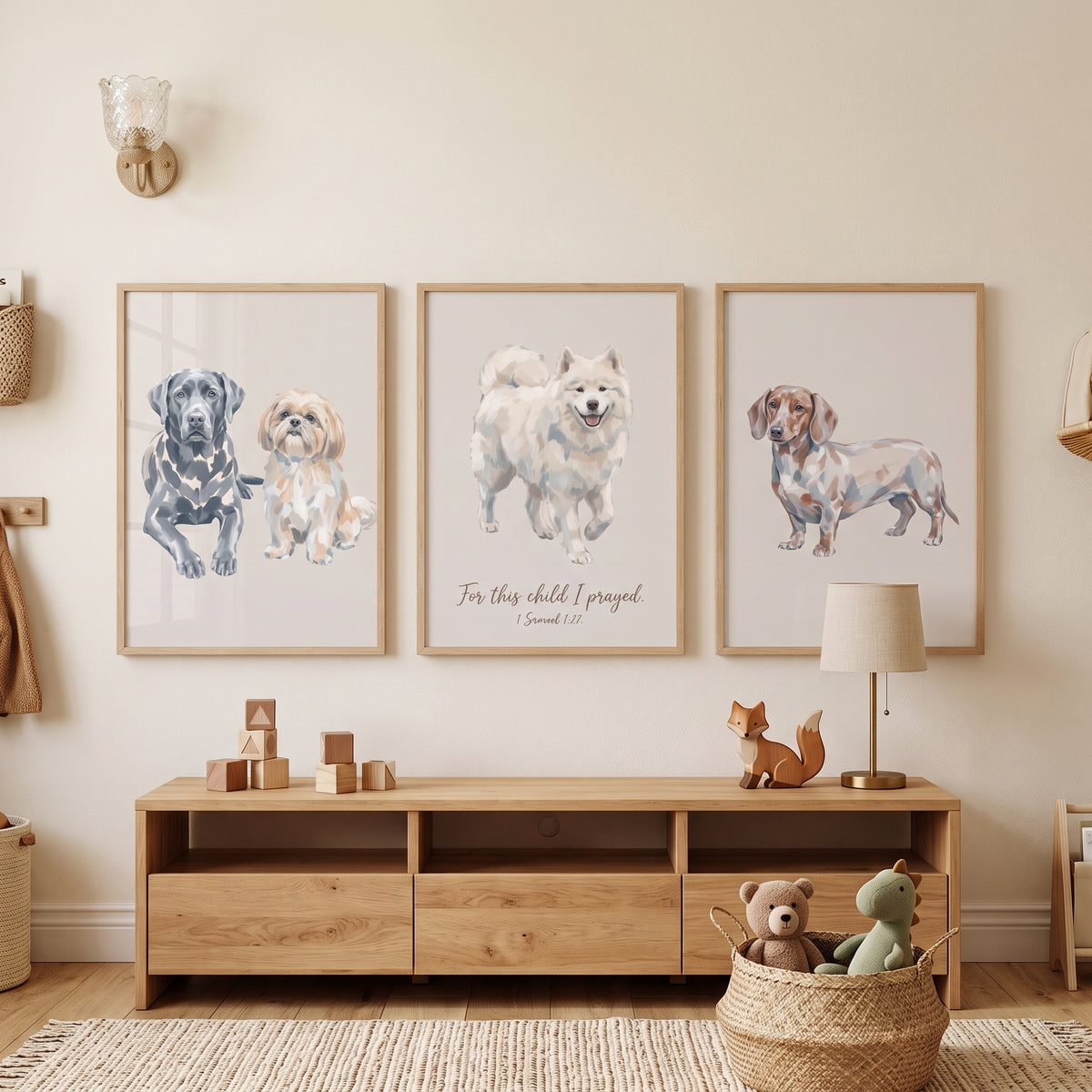 Sophisticated Beige Painterly Dogs Wall Art Set of 3 - Blessed Canine Trio