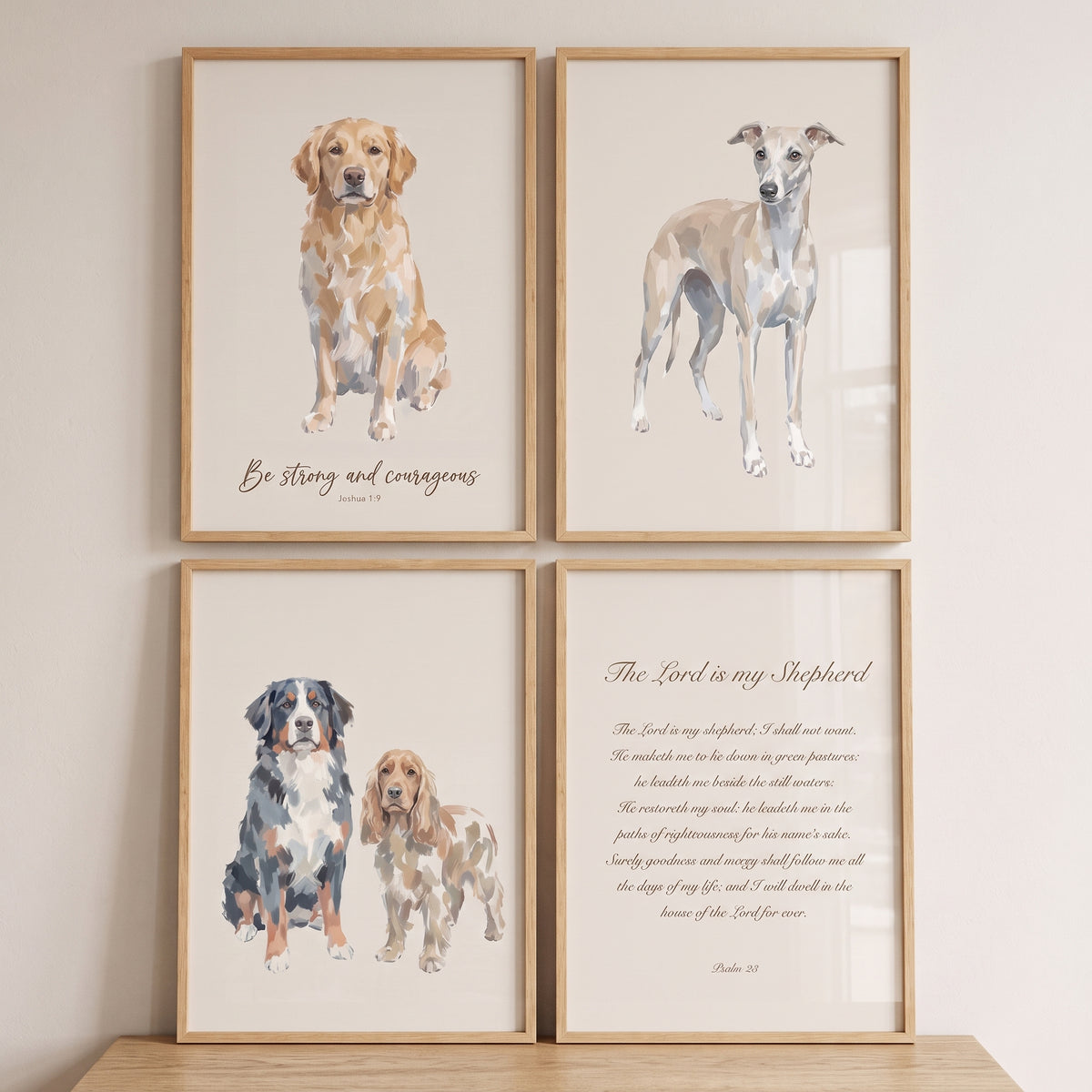 Sophisticated Beige Religious Dogs Artwork Set of 4 - Scripture Pet Prints