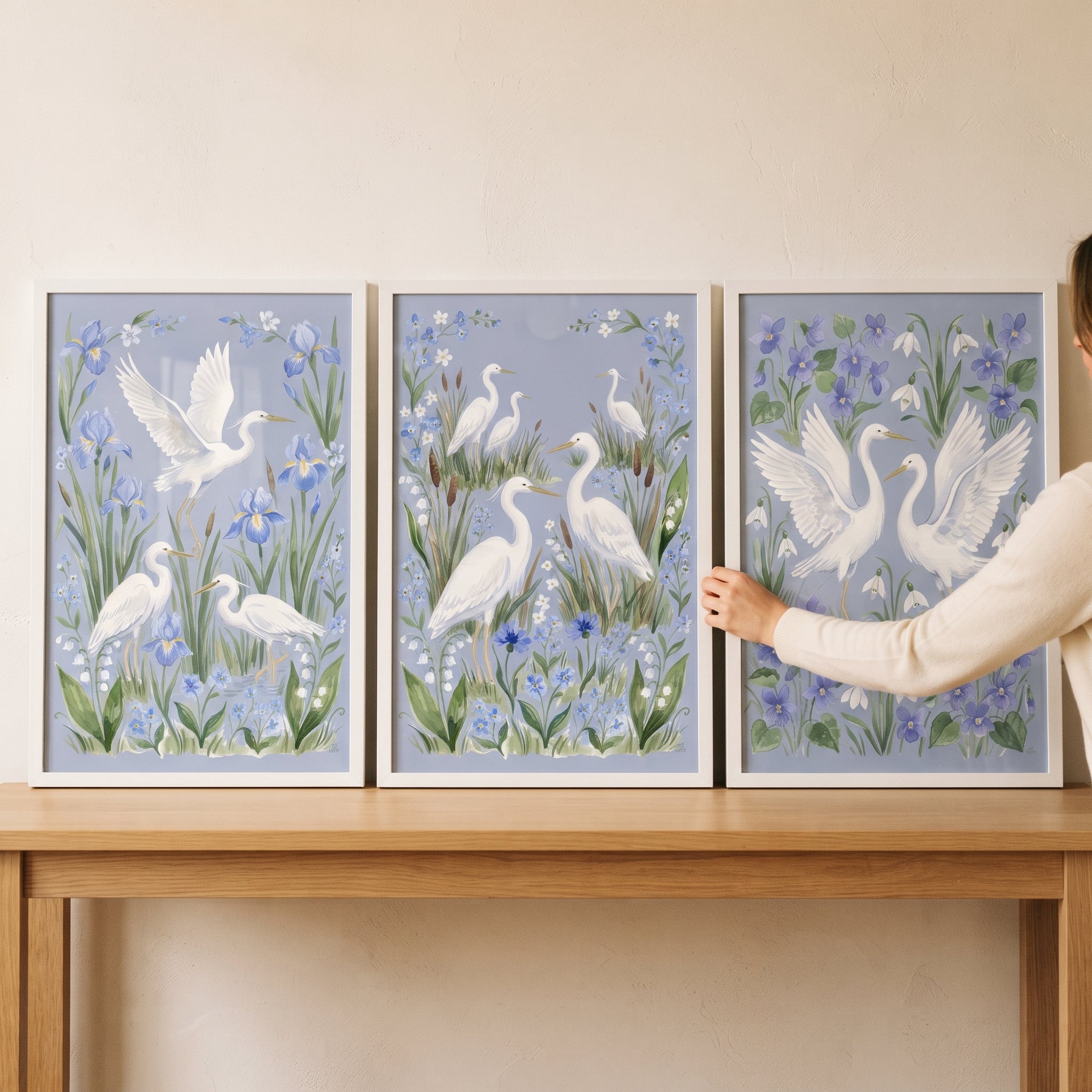 Sophisticated Blue Wildflower Bird Egret Wall Art Set of 3 - Serene Egret Trio