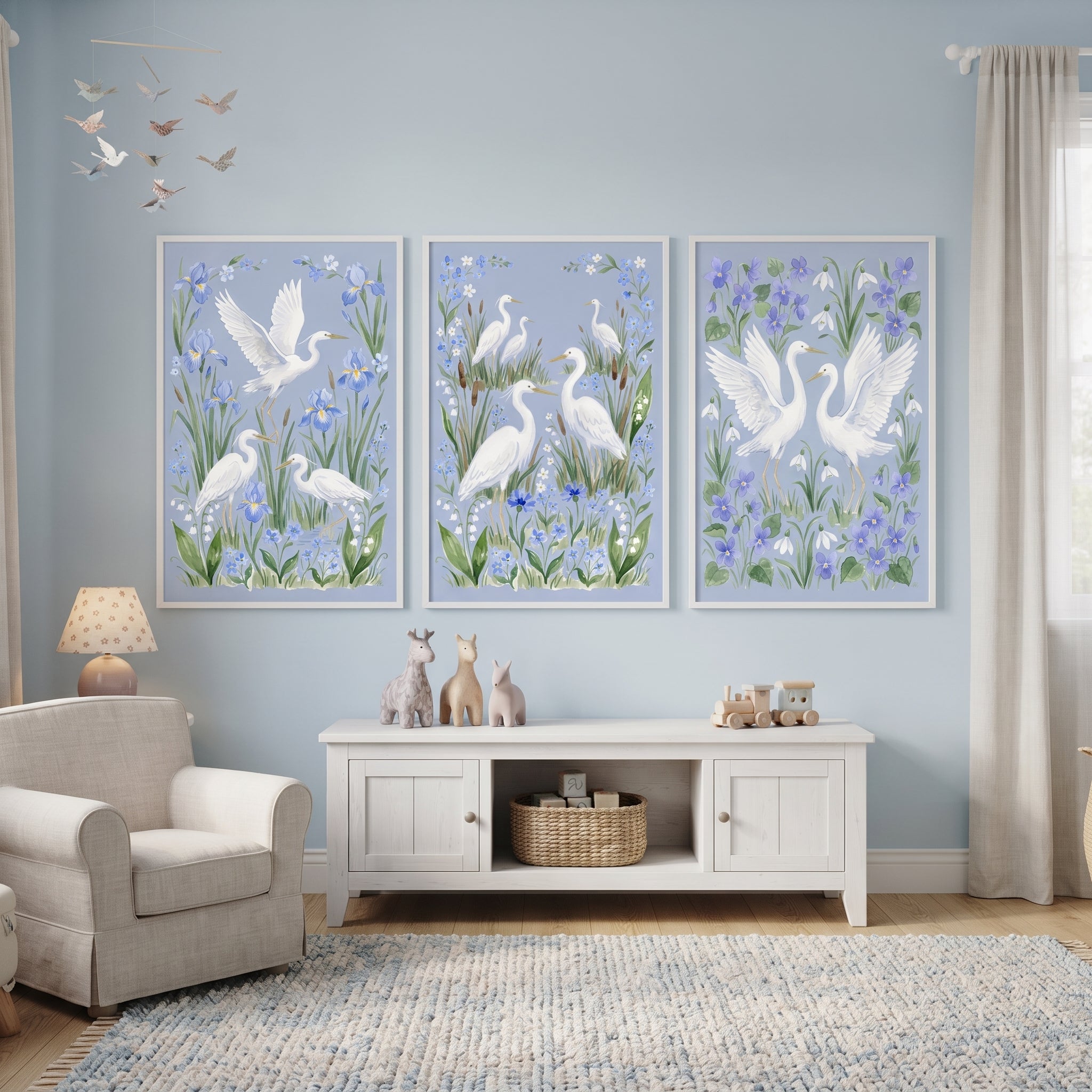 Sophisticated Blue Wildflower Bird Egret Wall Art Set of 3 - Serene Egret Trio