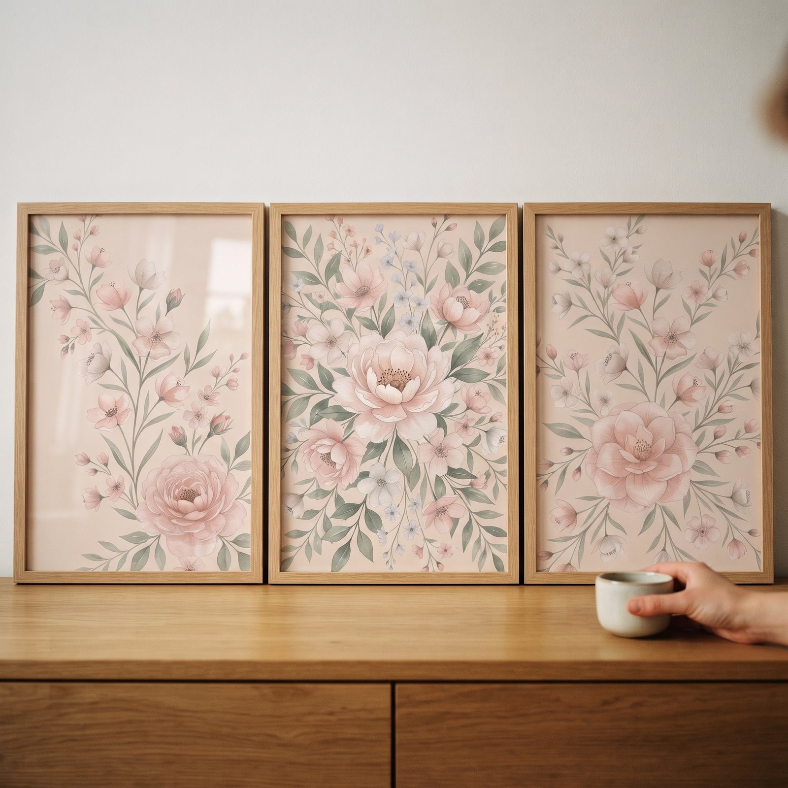 Sophisticated blush floral wall art set of 3 in wooden frames on a dresser with a hand holding a white cup.