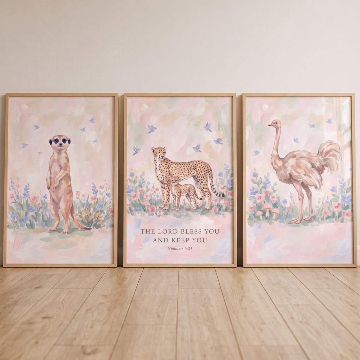 Sophisticated blush safari animals wall art set of 3 featuring a meerkat, cheetah with cub, ostrich, and a Bible verse.