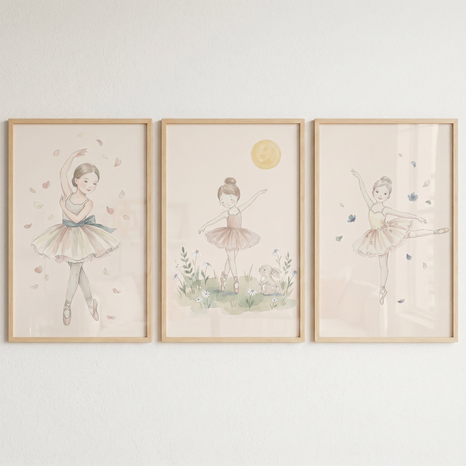 Sophisticated blush watercolor ballerina artwork set of 3 featuring young dancers in soft pastel tutus and wooden frames.