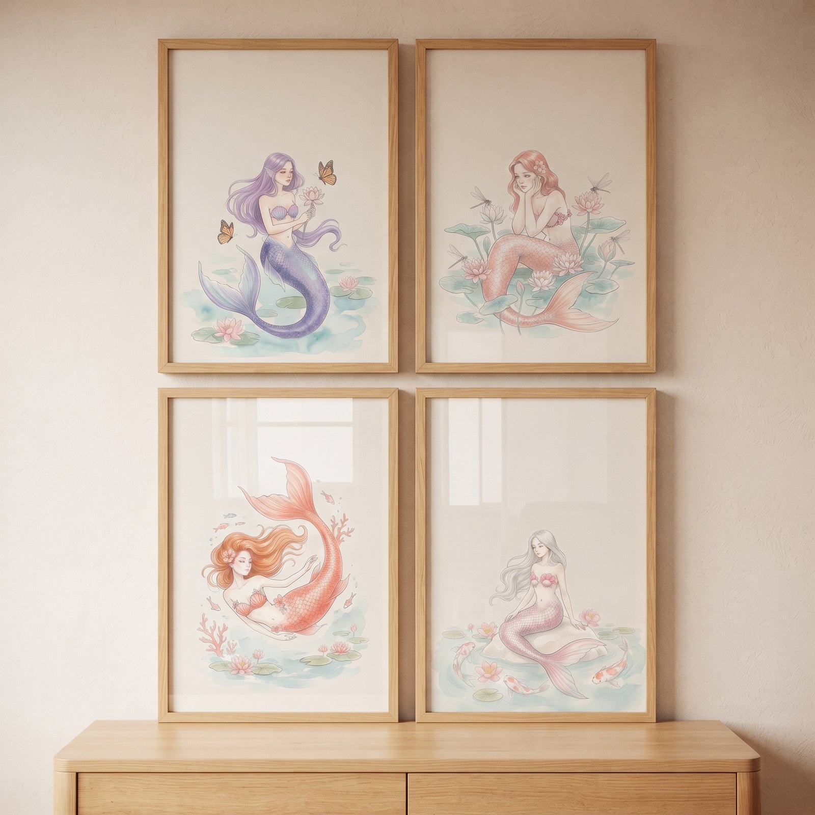 Sophisticated blush watercolor mermaid wall art set of 4 displayed in wooden frames on a wall above a dresser.