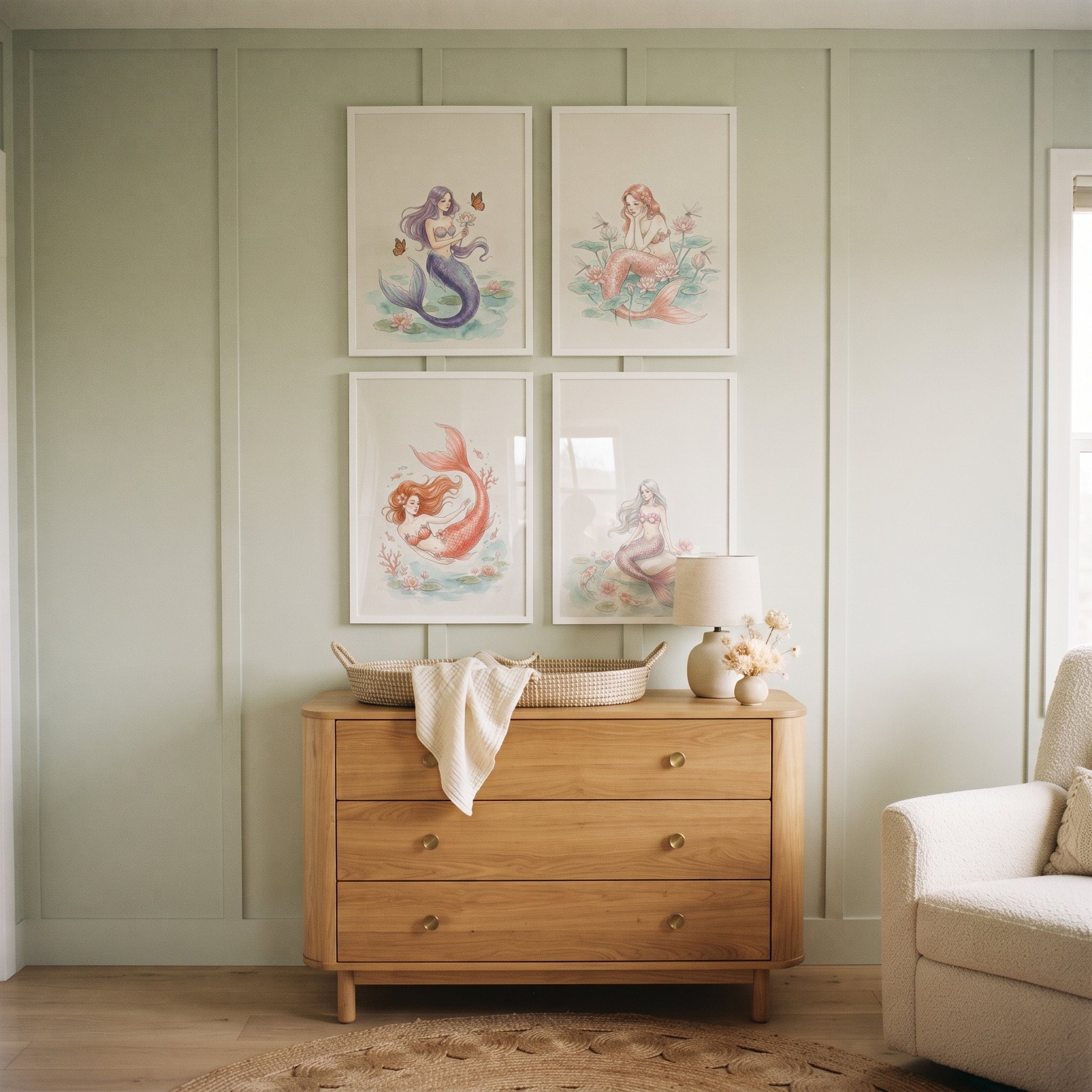 Sophisticated Blush Watercolor Mermaid Wall Art Set of 4 - Enchanted Mermaid Dreams