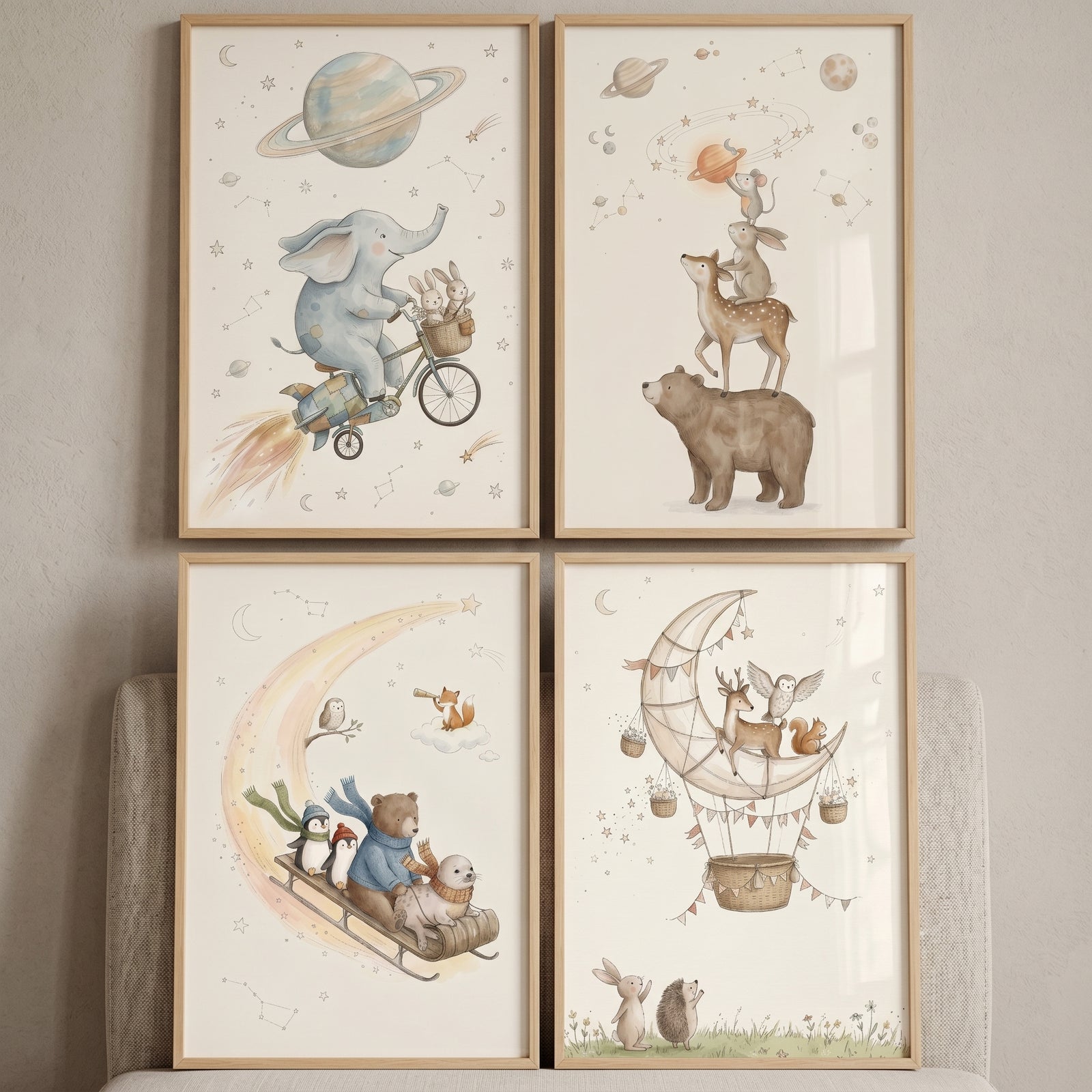 Sophisticated celestial whimsical animals wall art set of 4 with critters on moons, a bicycle, and a balloon in space.