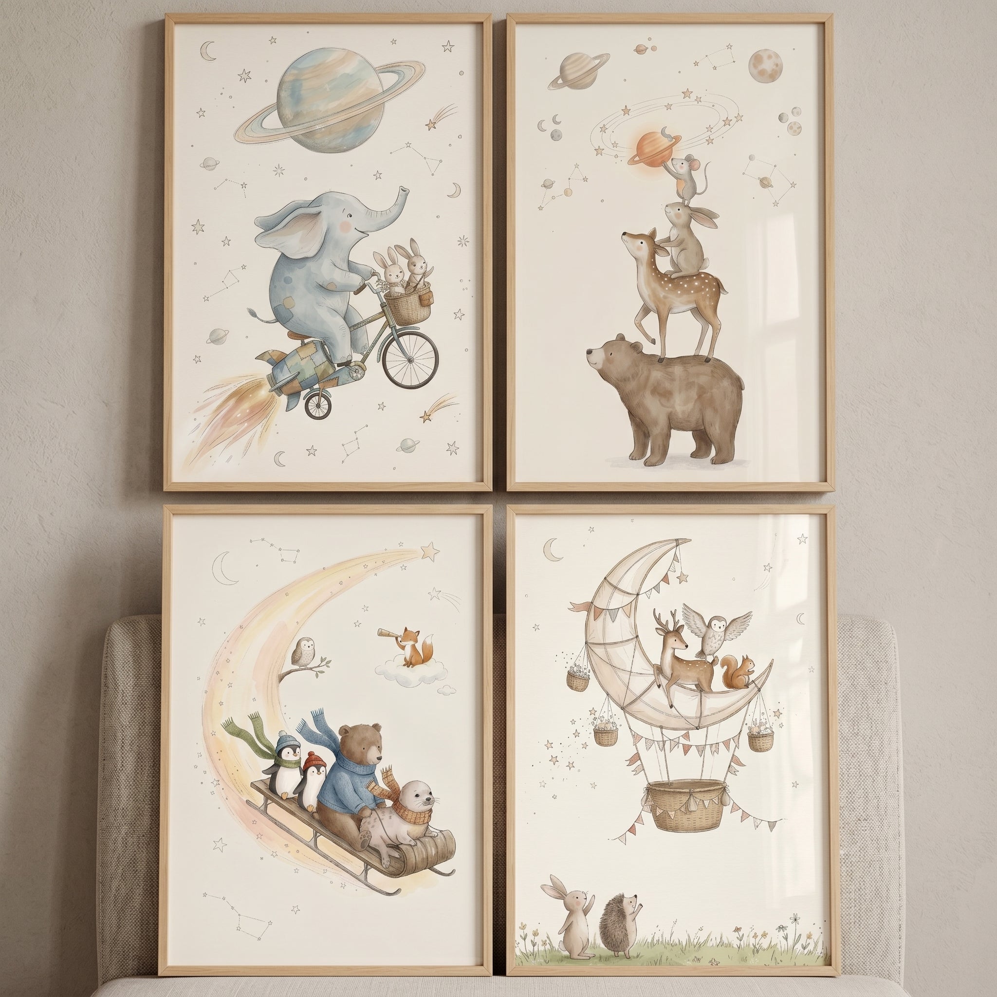 Sophisticated Celestial Whimsical Animals Wall Art Set of 4 - Starlight Animal Adventures