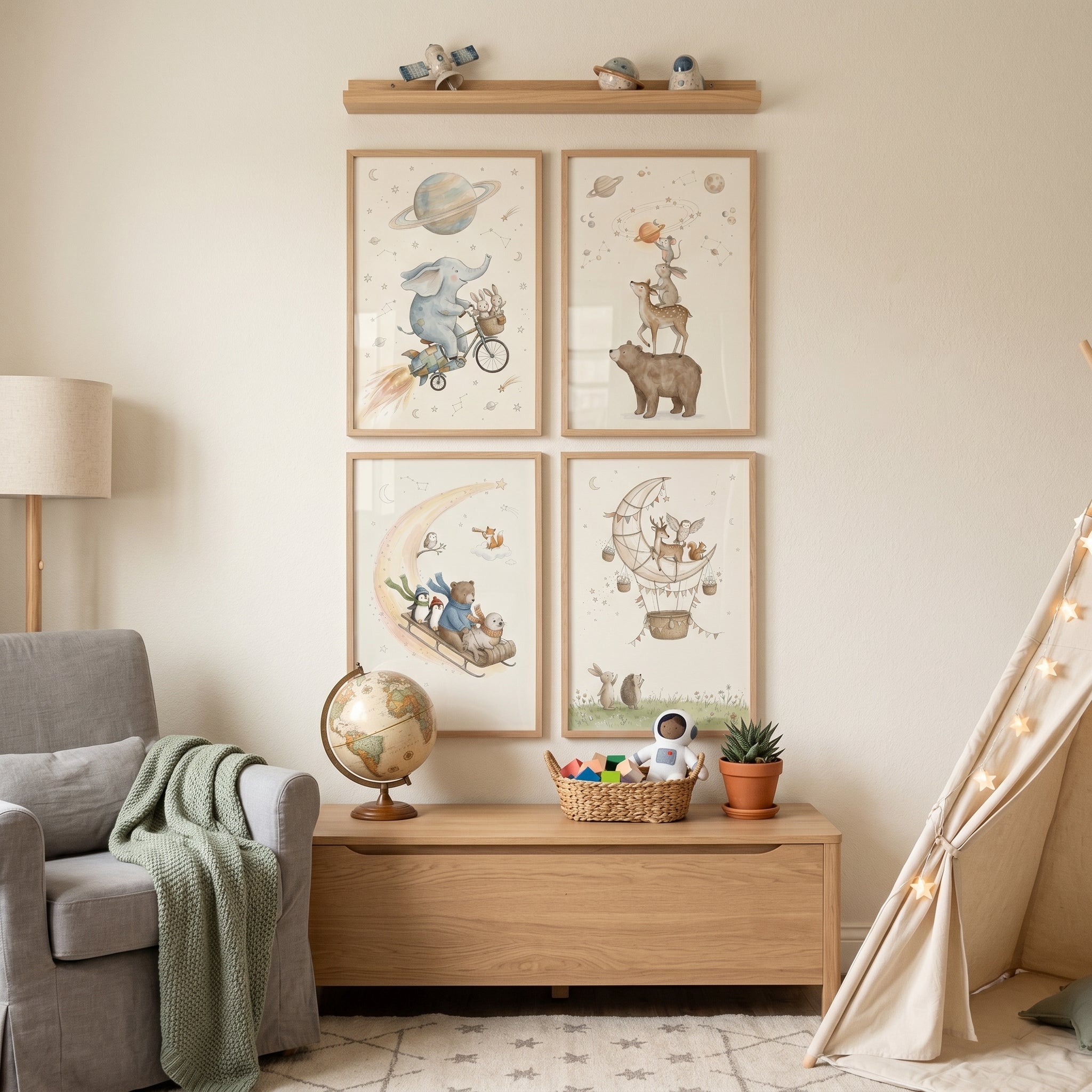 Sophisticated Celestial Whimsical Animals Wall Art Set of 4 - Starlight Animal Adventures