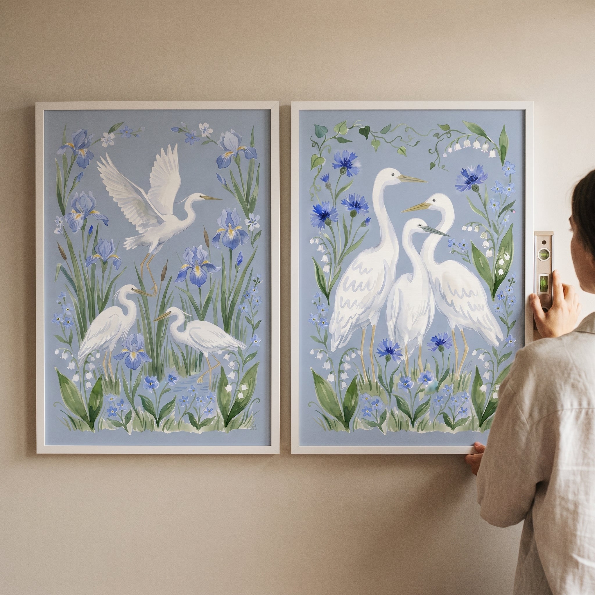 Sophisticated Coastal White Heron Bird Wall Art Set of 2 - Elegant White Egrets