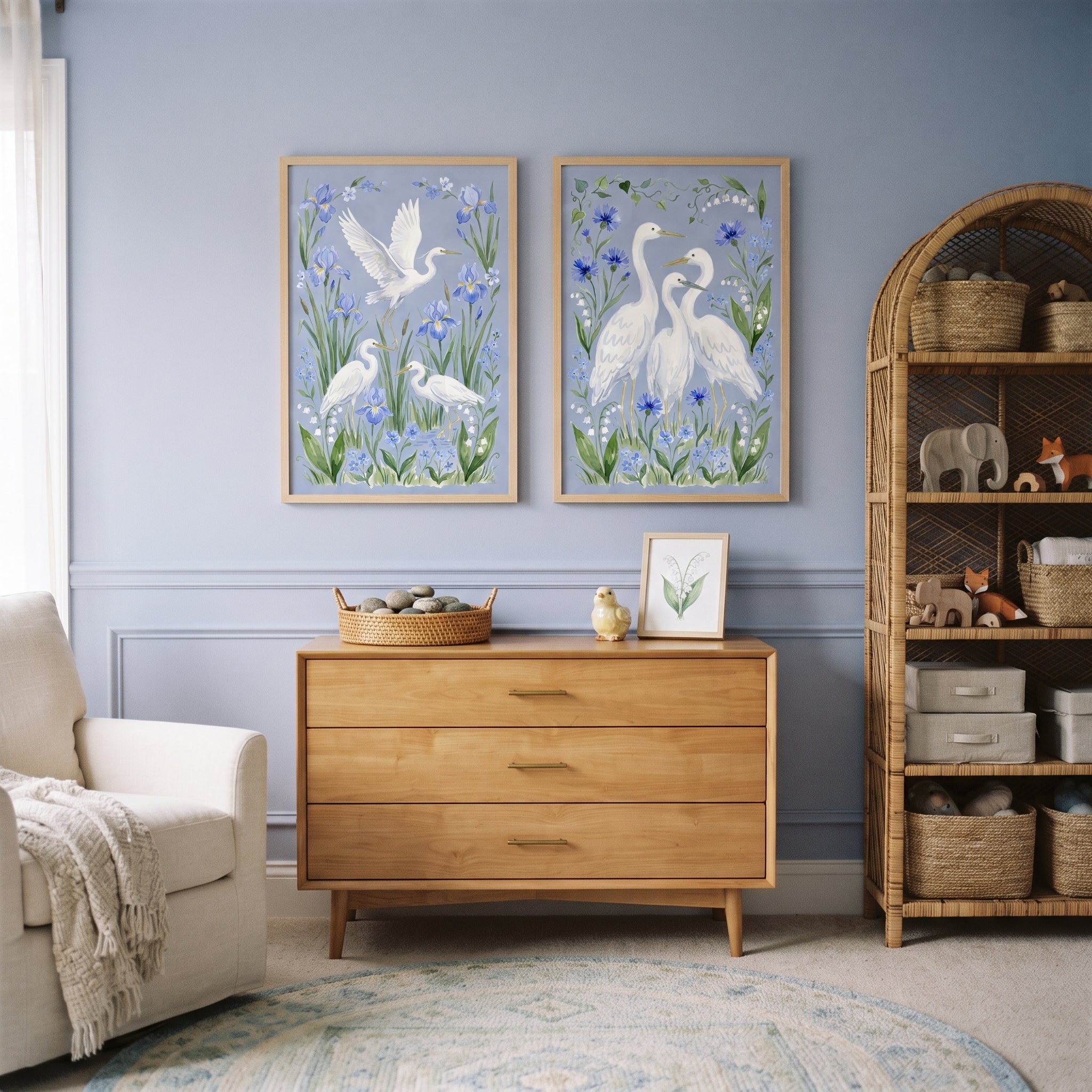 Sophisticated Coastal White Heron Bird Wall Art Set of 2 - Elegant White Egrets