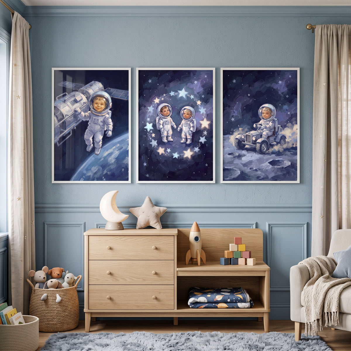 Sophisticated Cosmic Baby Astronaut Wall Art Set of 3 - Cosmic Child Dreams