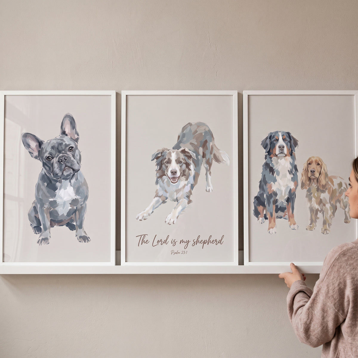 Sophisticated diverse breed dogs wall art set of 3 featuring four dog illustrations in minimalist white frames.