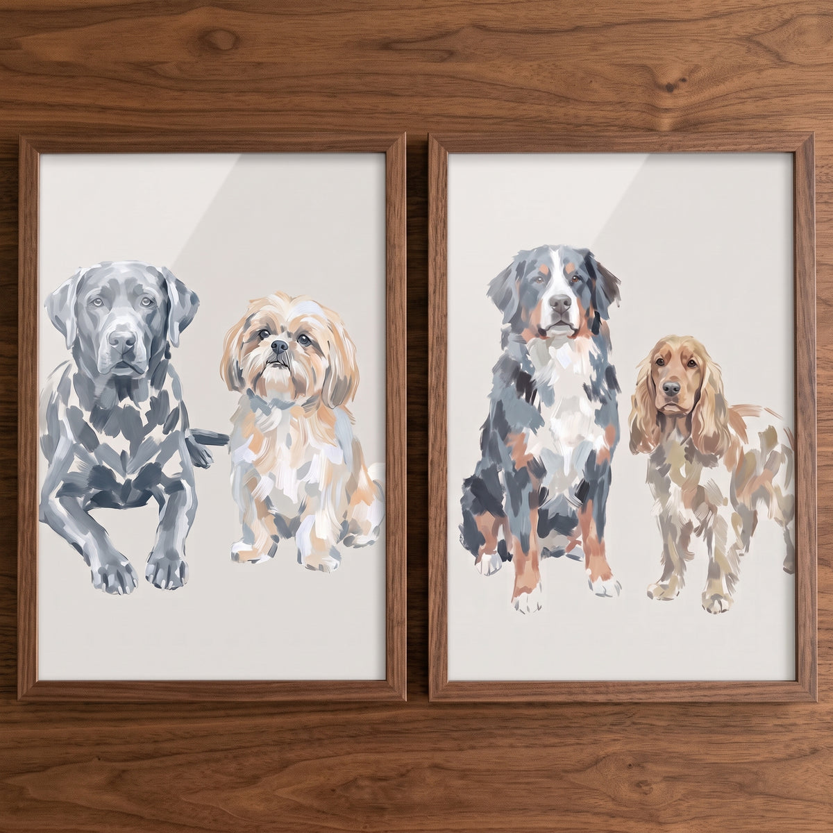 Sophisticated earth tone dogs wall art set of 2 featuring four various dog breeds in wood frames on a wood grain wall.
