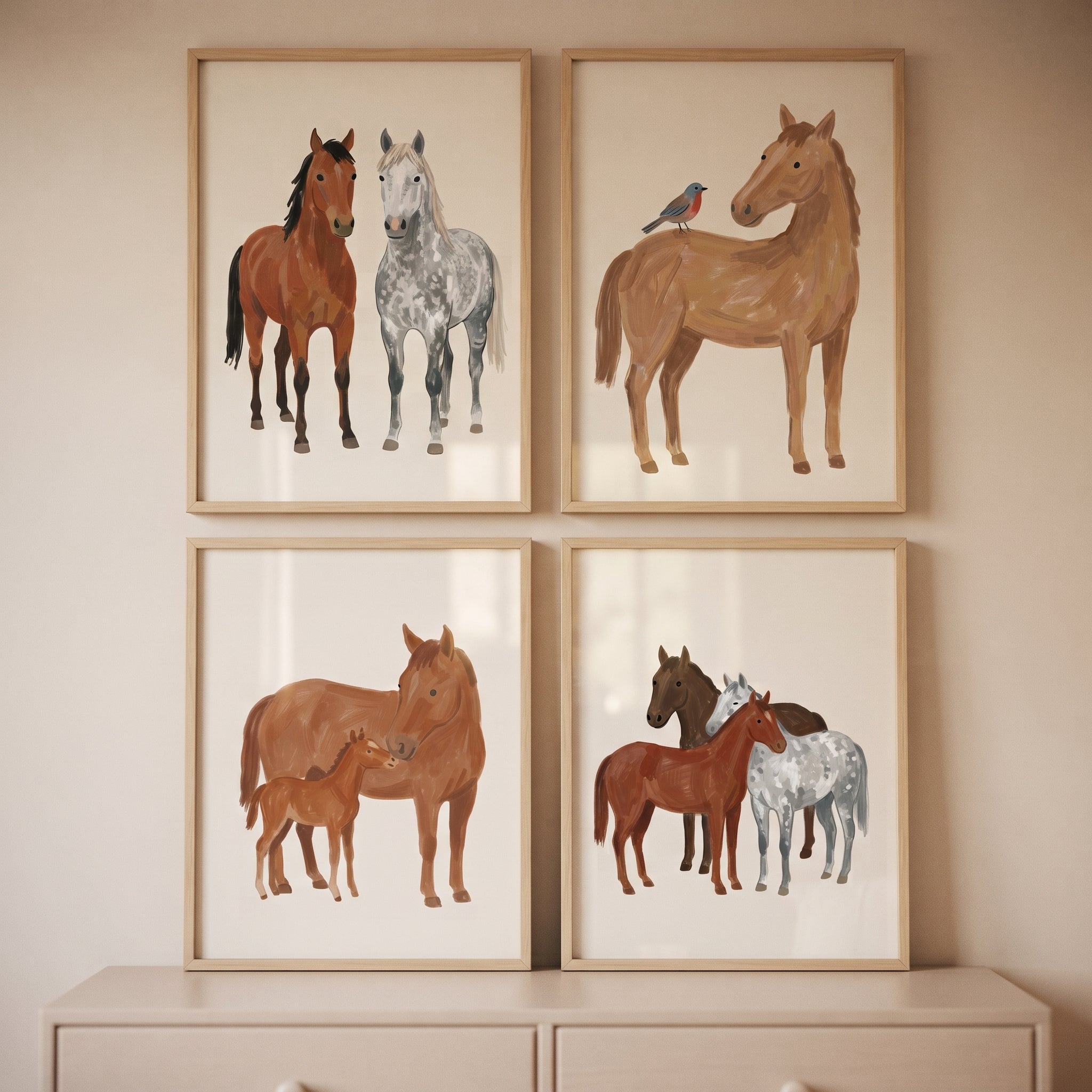 Sophisticated Earthy Tones Horse Wall Art Set of 4 - Whimsical Horse Moments