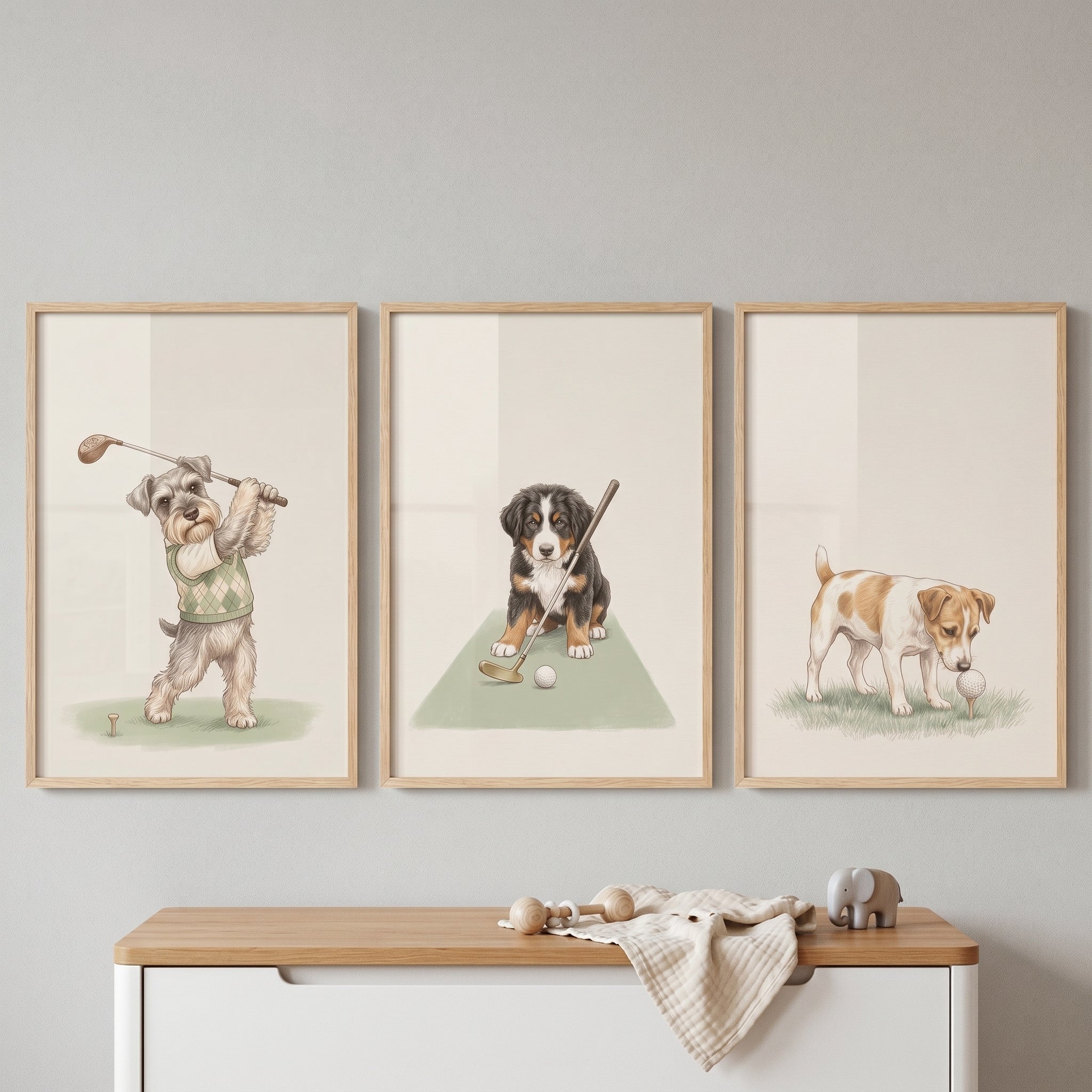 Sophisticated Fairway Golfing Dogs Artwork Set of 3 - Golfing Pup Trio