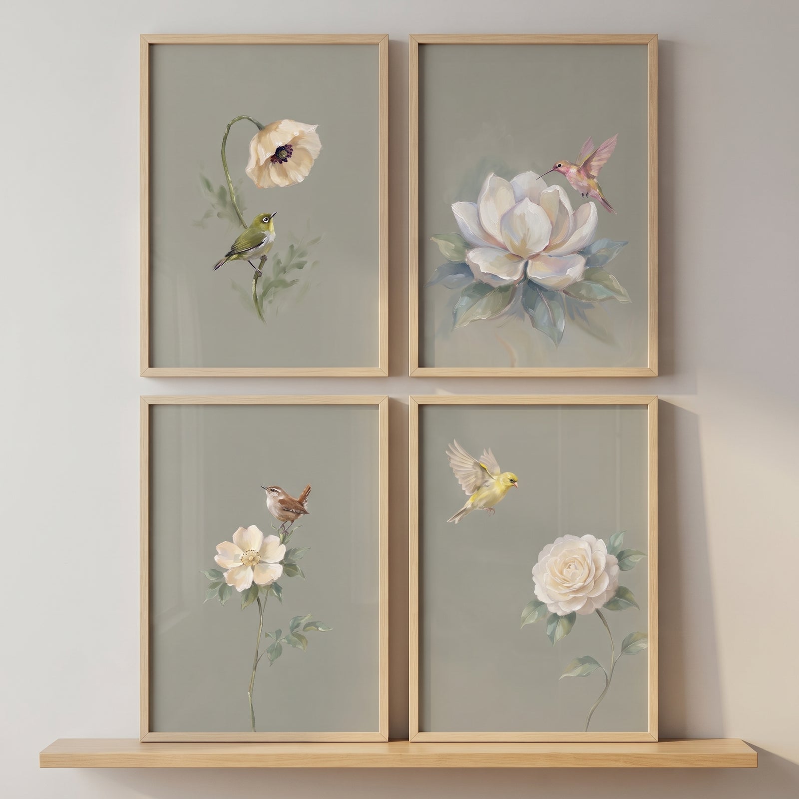 Sophisticated garden nature bird floral wall art set of 4 depicts birds and flowers on sage backgrounds in wood frames.