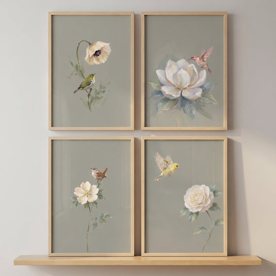 Sophisticated garden nature bird floral wall art set of 4 depicts birds and flowers on sage backgrounds in wood frames.