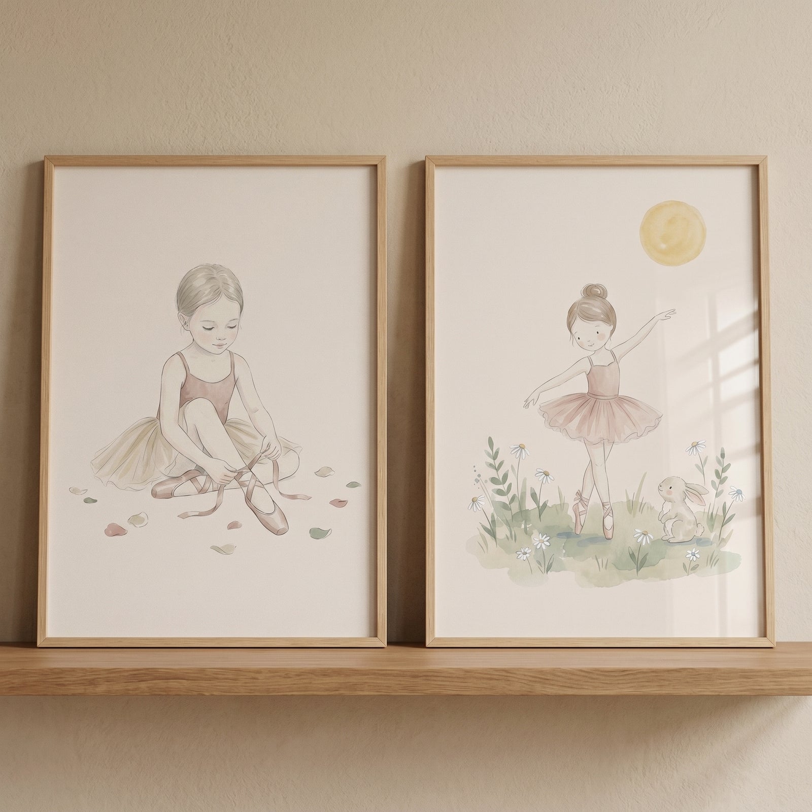 Sophisticated girl ballerina wall art set of 2 featuring soft drawings of young dancers in wooden frames on a shelf.