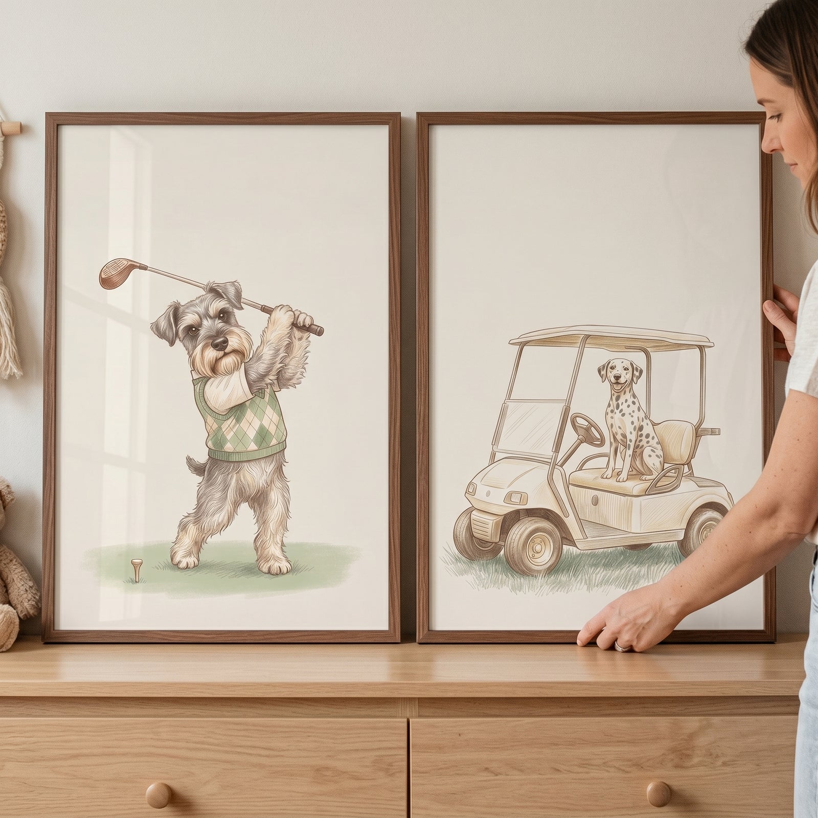 Sophisticated heritage golfing dogs wall art set of 2 featuring a terrier golfing and a Dalmatian in a cart.