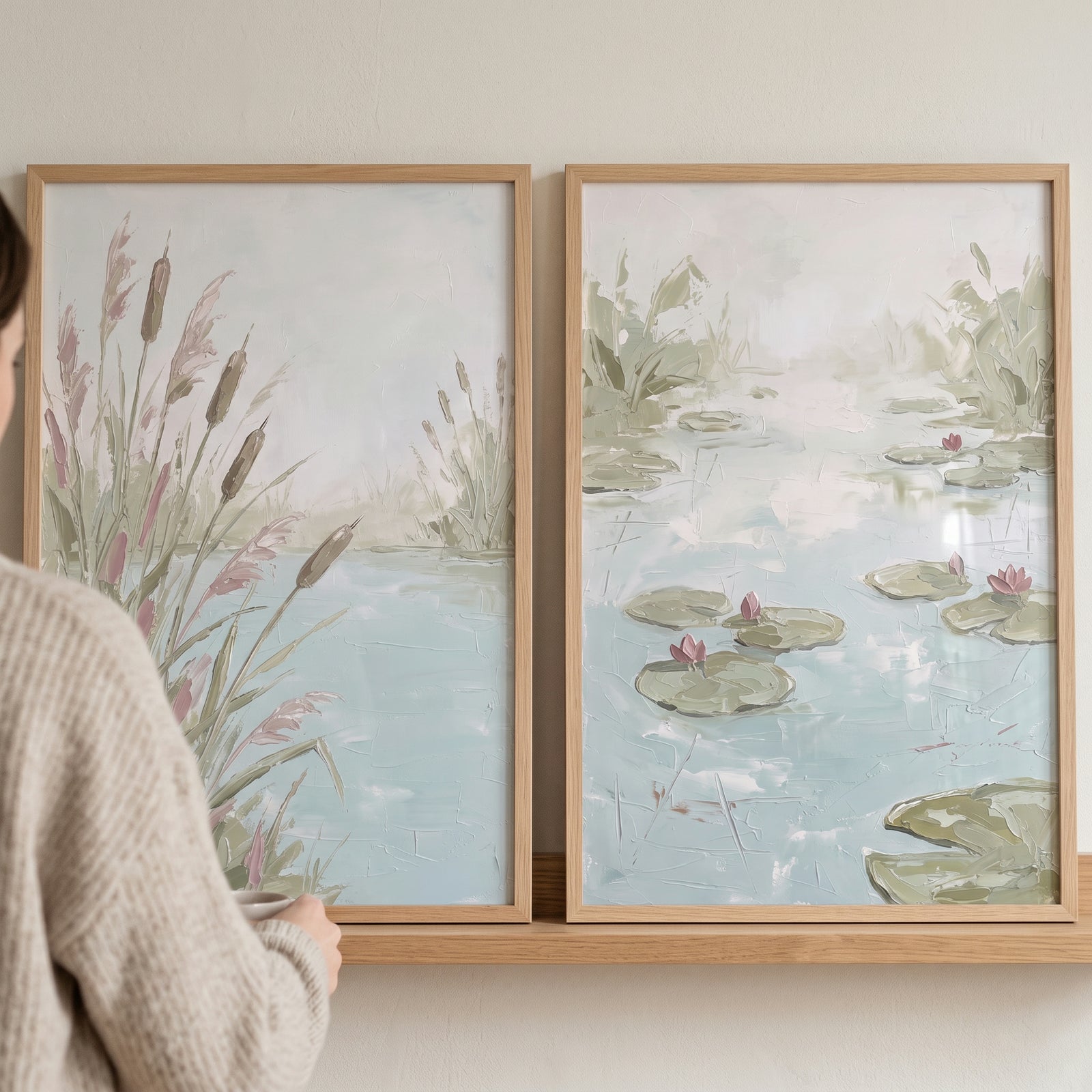 Sophisticated impasto nature wall art set of 2 with cattails and water lilies in light wood frames on a shelf.
