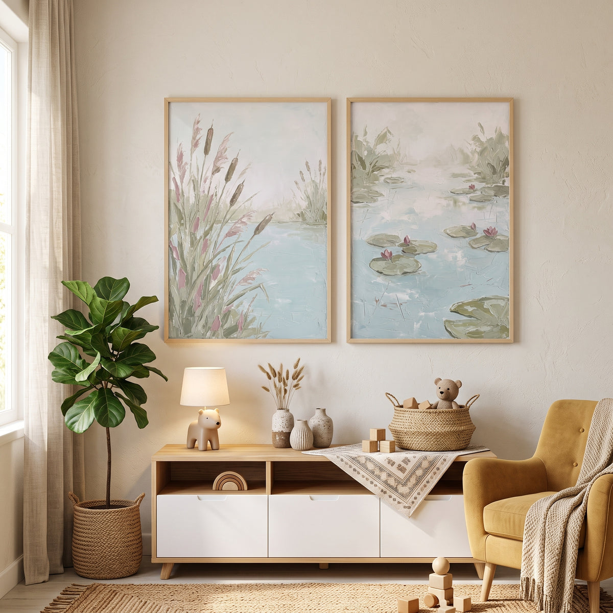Sophisticated Impasto Style Nature Wall Art Set of 2 - Soft Marsh Reflections