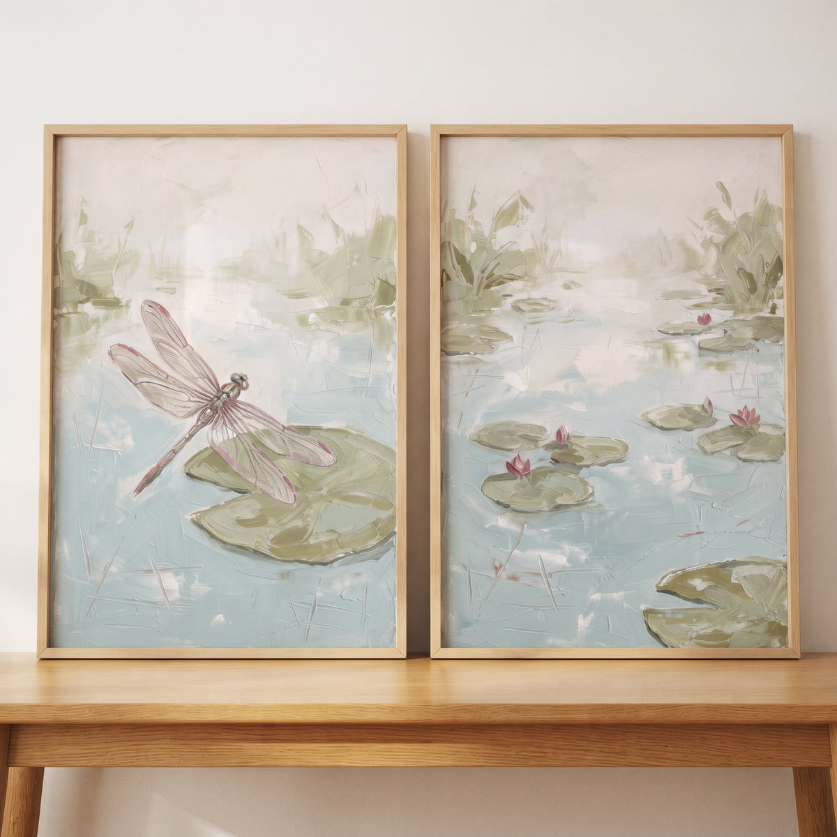 Sophisticated impasto pond wall art set of 2 depicting a dragonfly and lily pads in soft blue, green, and pink tones.
