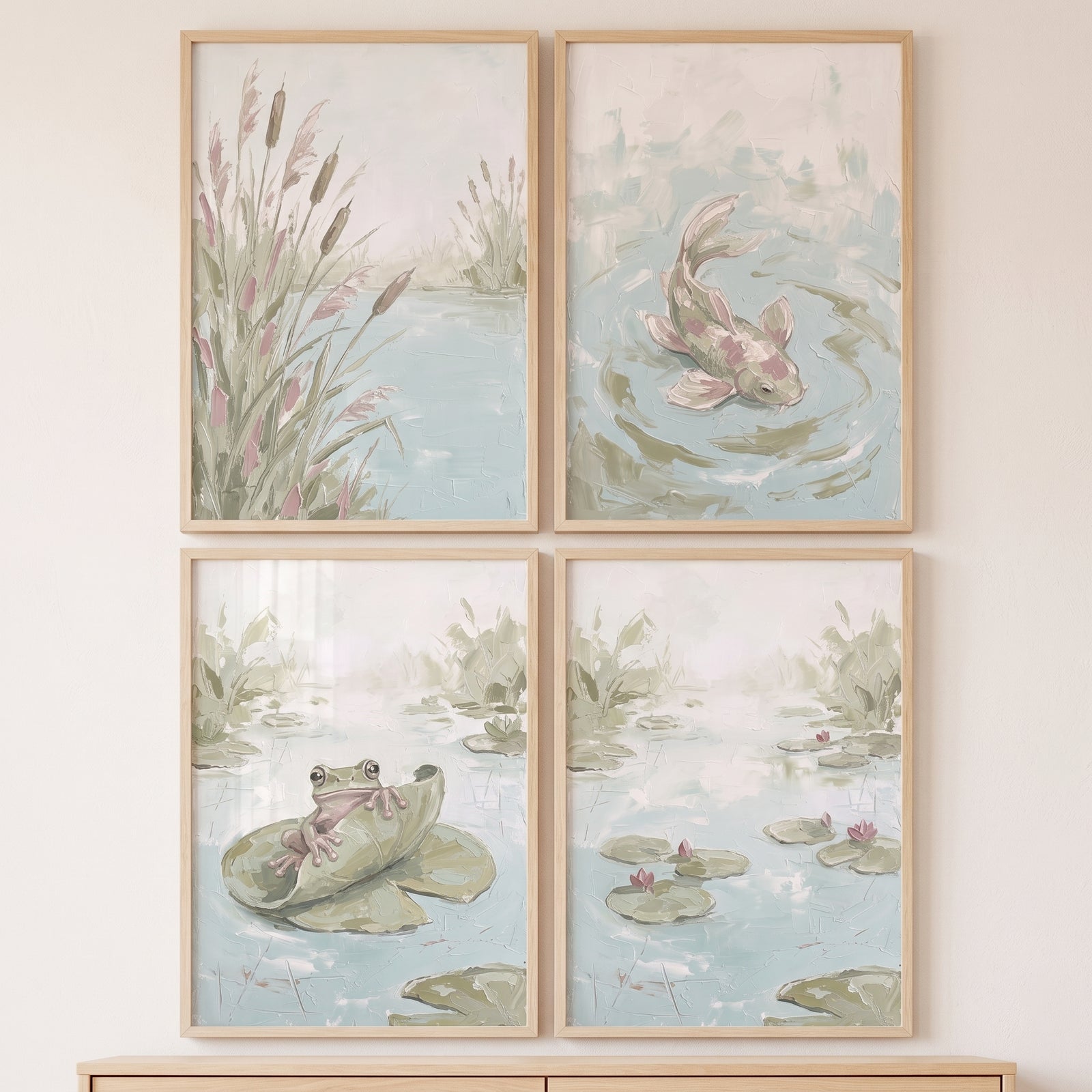 Sophisticated impasto pond wall art set of 4 featuring a frog, fish, and water lilies in soft green and blue colors.
