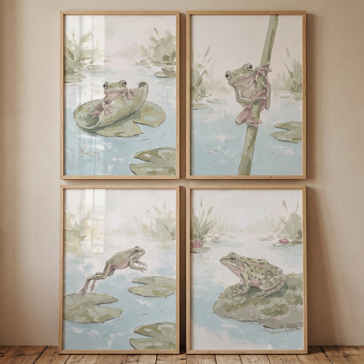 Sophisticated impasto pond wall art set of 4 depicts green frogs among lily pads and reeds in soft, muted tones.