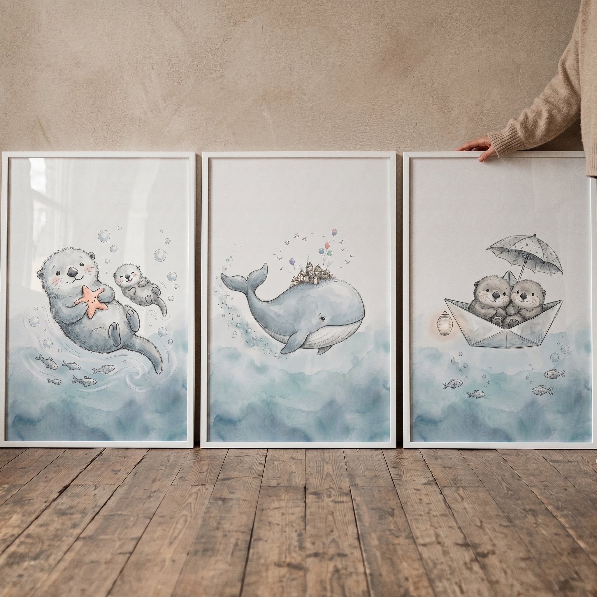 Sophisticated Indigo Ocean Animal Wall Art Set Of 3 - Ocean Friends Trio