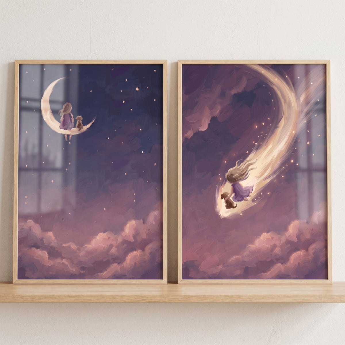 Two framed illustrations of a girl and her dog in a starry sky, a sophisticated lavender girl dog wall art set of 2.