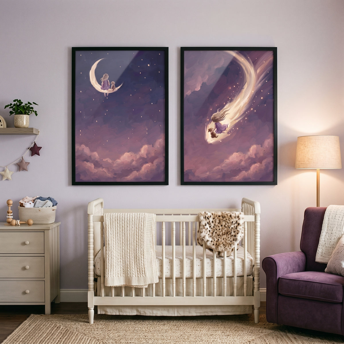 Sophisticated Lavender Girl Dog Wall Art Set of 2 - Moonlit Sky Voyage
