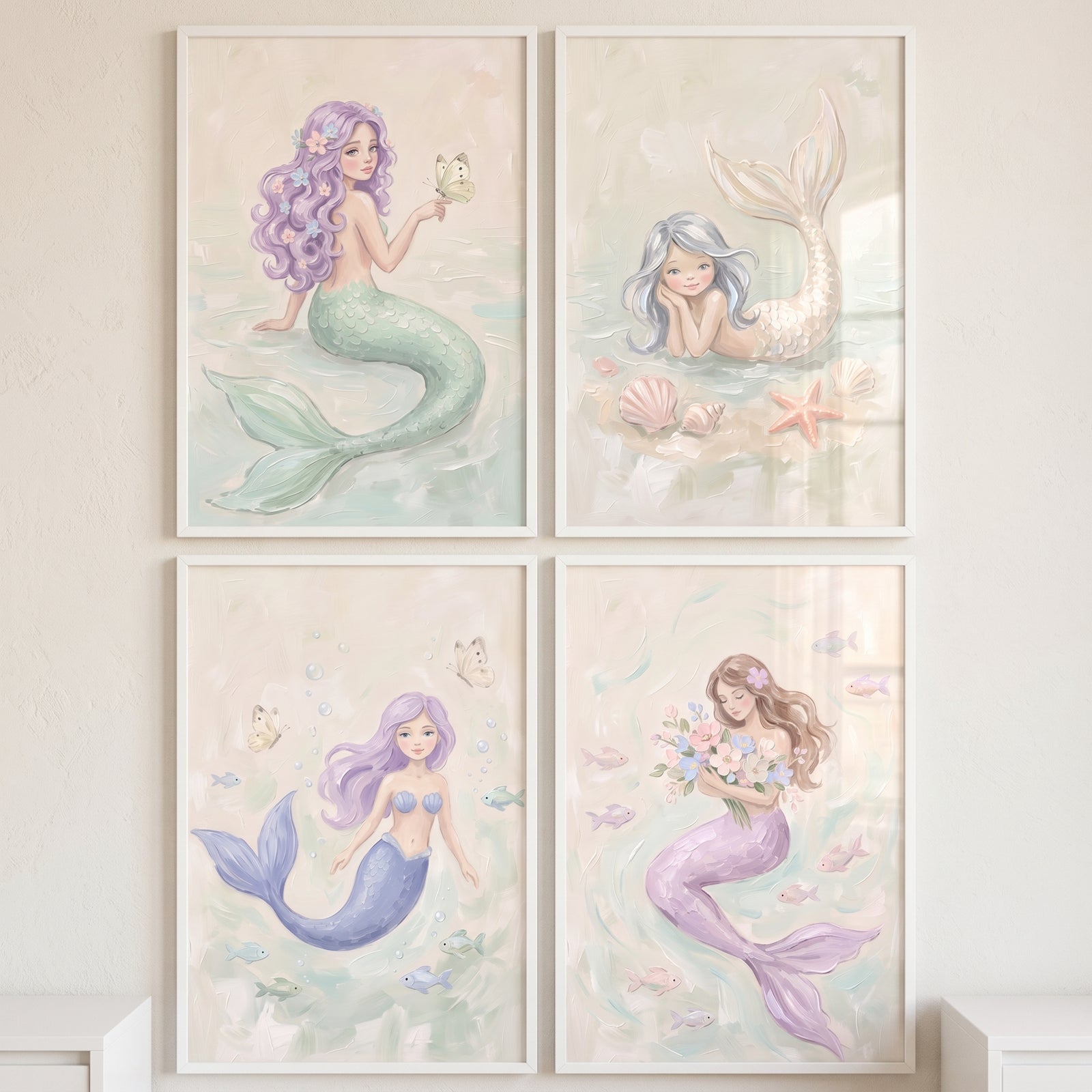 Sophisticated lilac pastel mermaid wall art set of 4 featuring soft, whimsical illustrations of mermaids and sea life.