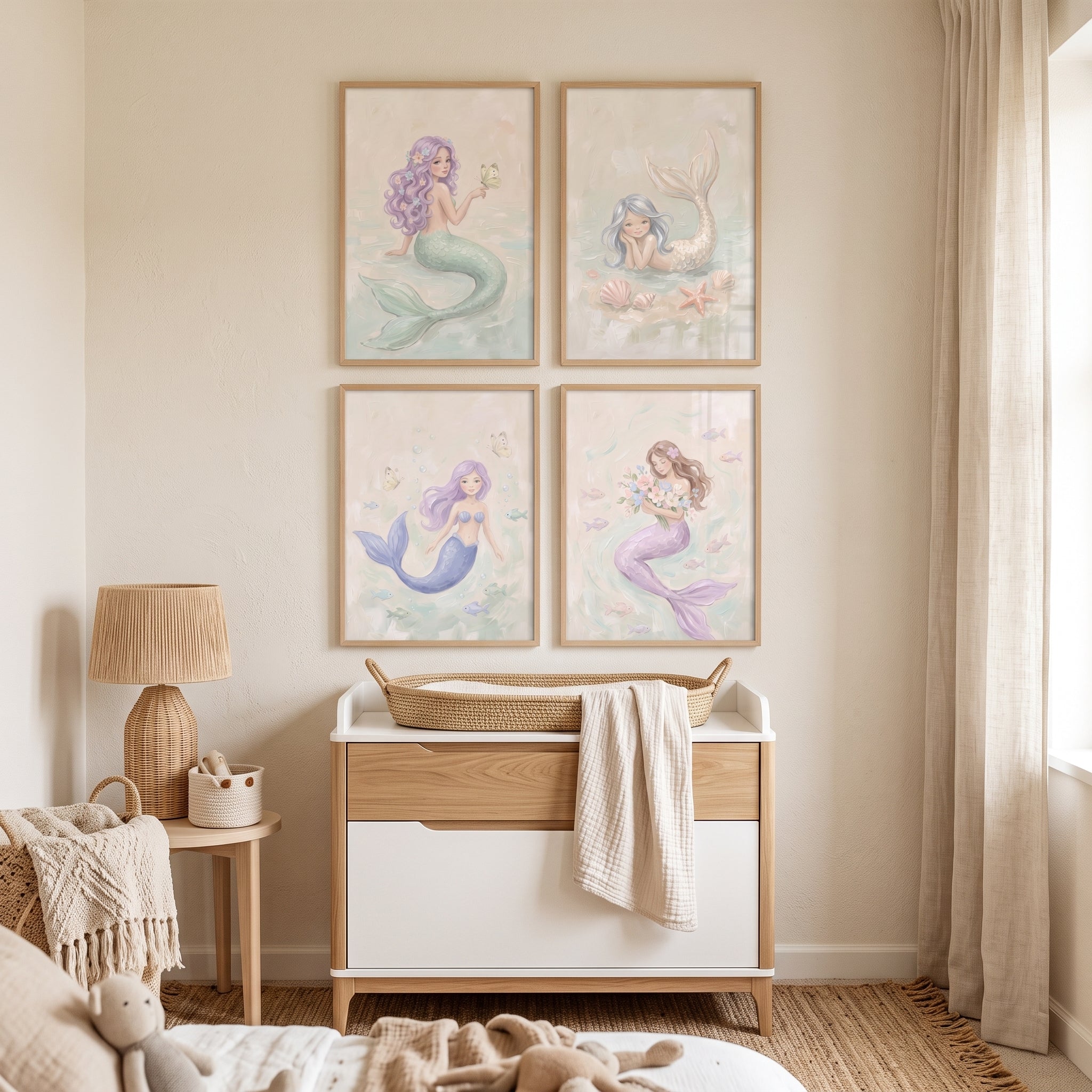 Sophisticated Lilac Pastel Mermaid Wall Art Set of 4 - Pastel Mermaid Dreams