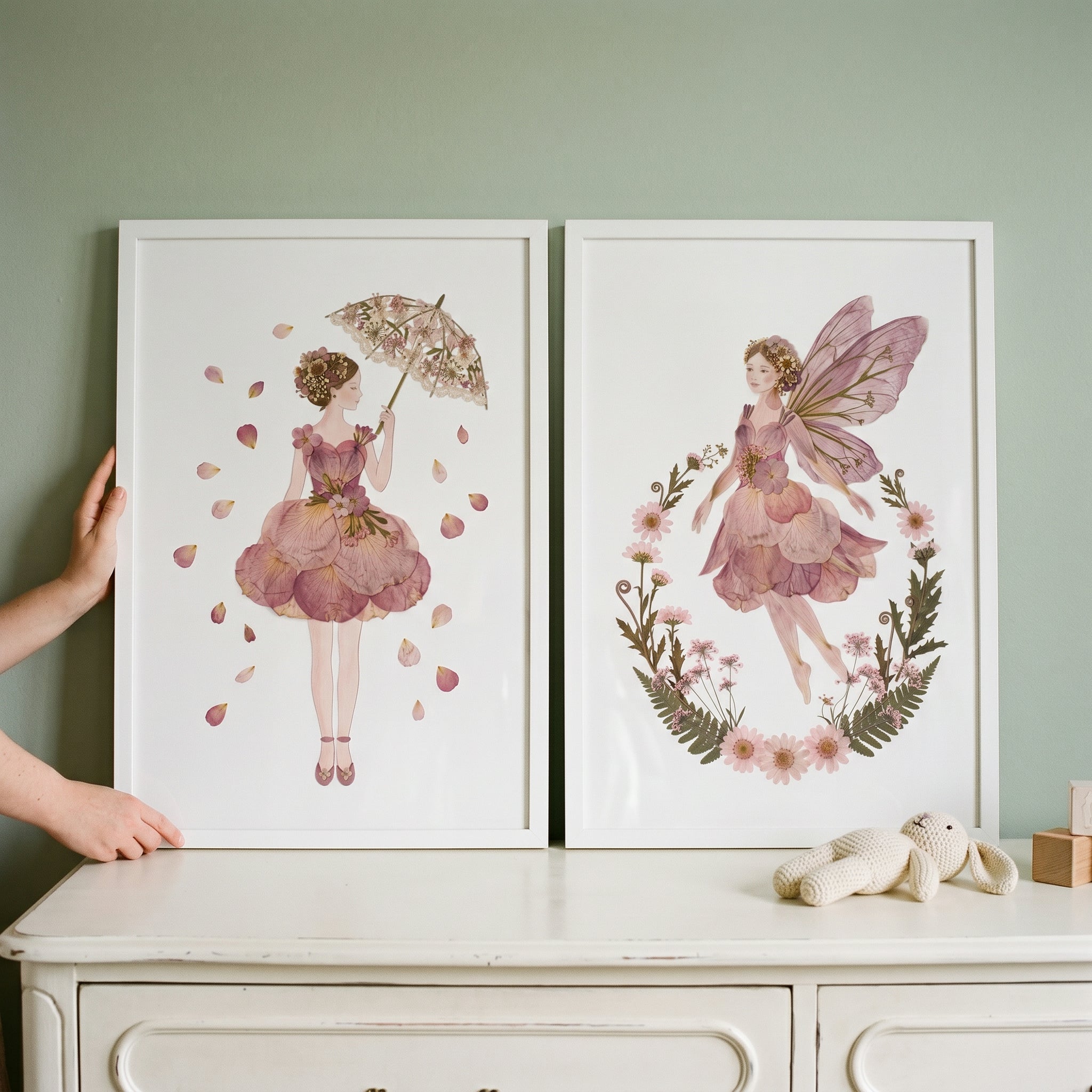 Sophisticated Mauve Botanical Girl Wall Art Set of 2 - Floral Petal Spirits