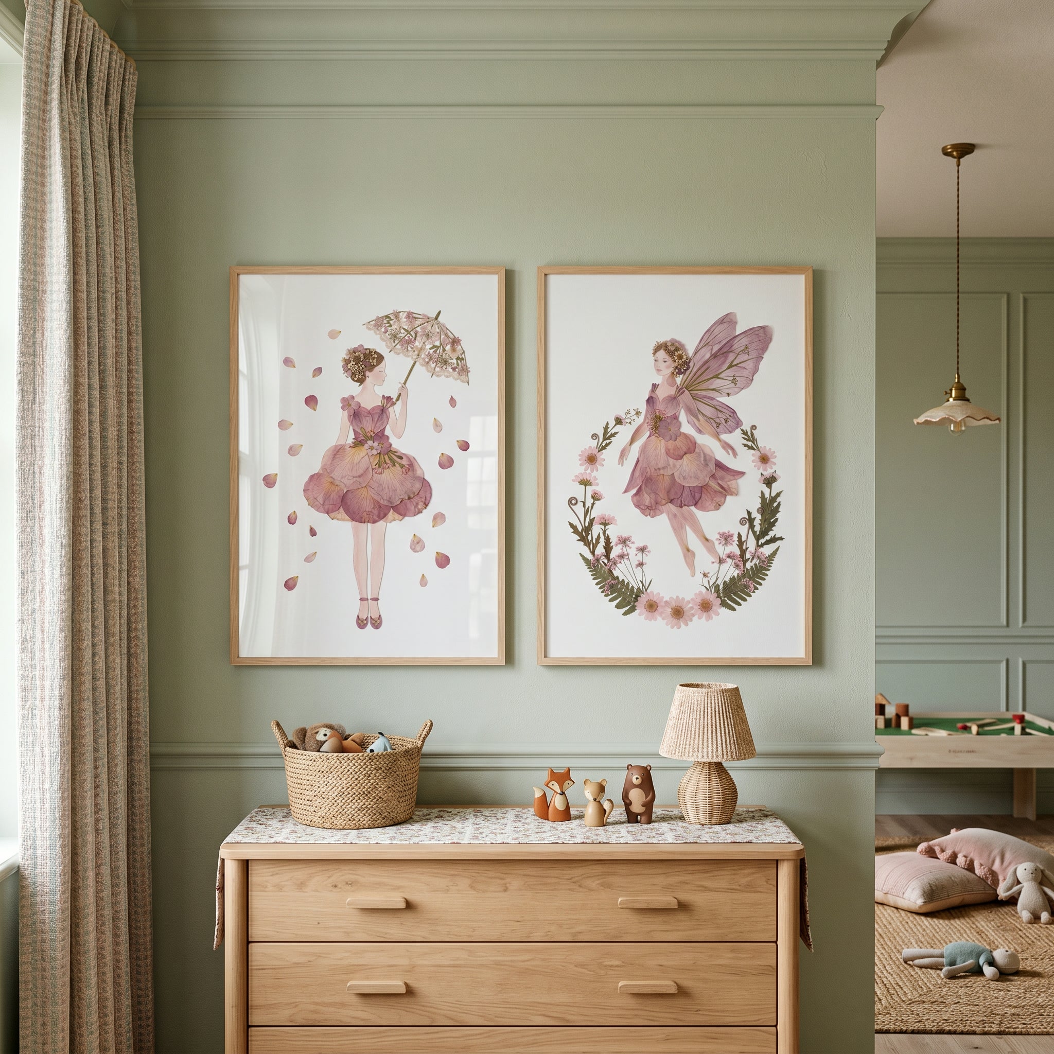 Sophisticated Mauve Botanical Girl Wall Art Set of 2 - Floral Petal Spirits