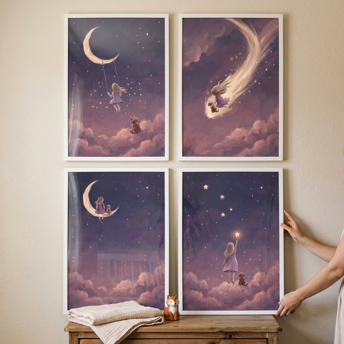 Sophisticated mauve girl dog wall art set of 4 features a girl and puppy amidst clouds, stars, and crescent moons.