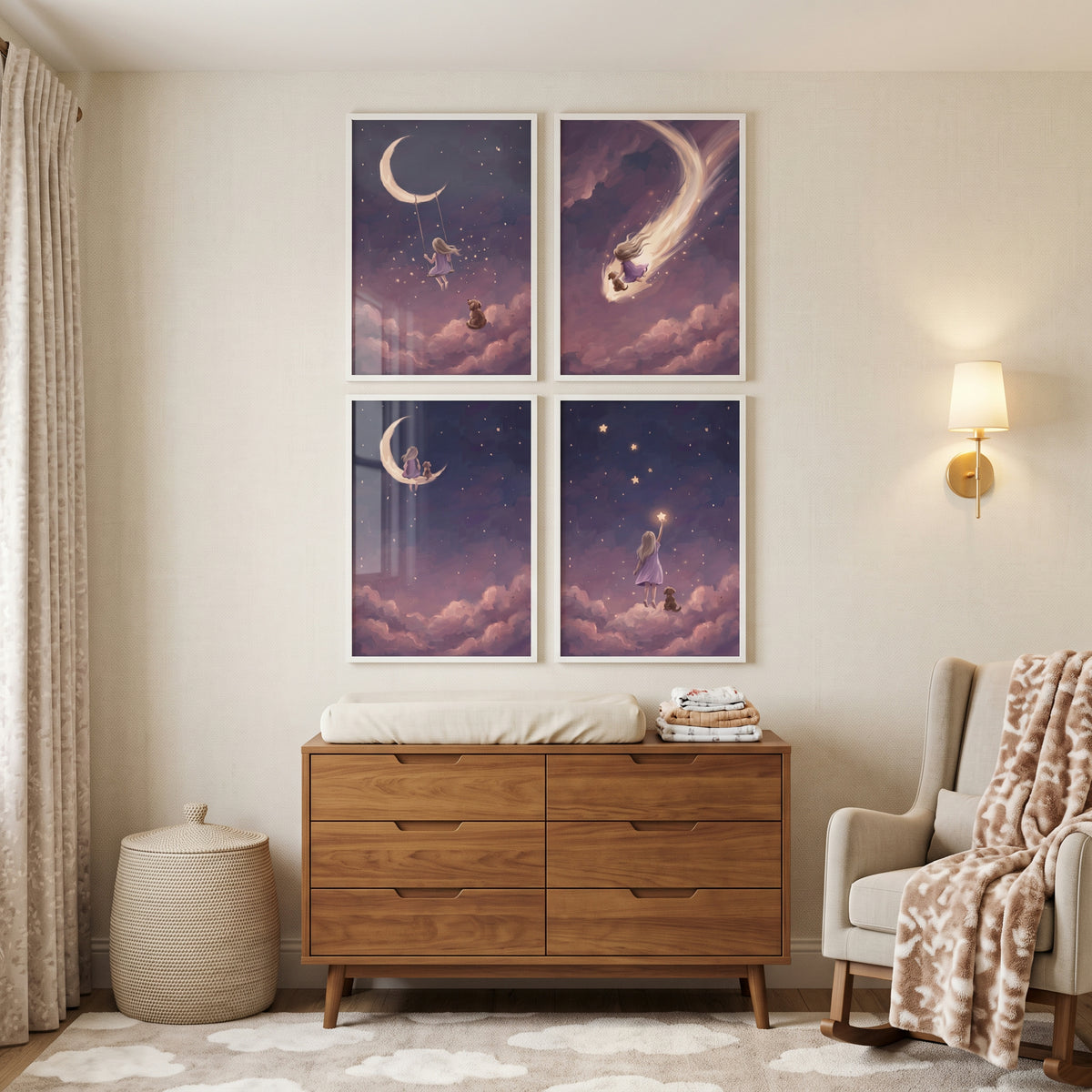 Sophisticated Mauve Girl Dog Wall Art Set of 4 - Moonlit Magic Quest