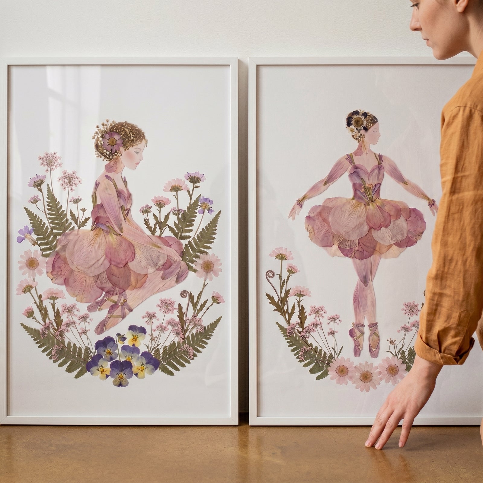 Sophisticated mauve petal ballerina wall art set of 2 in white frames featuring pressed flowers and ferns.