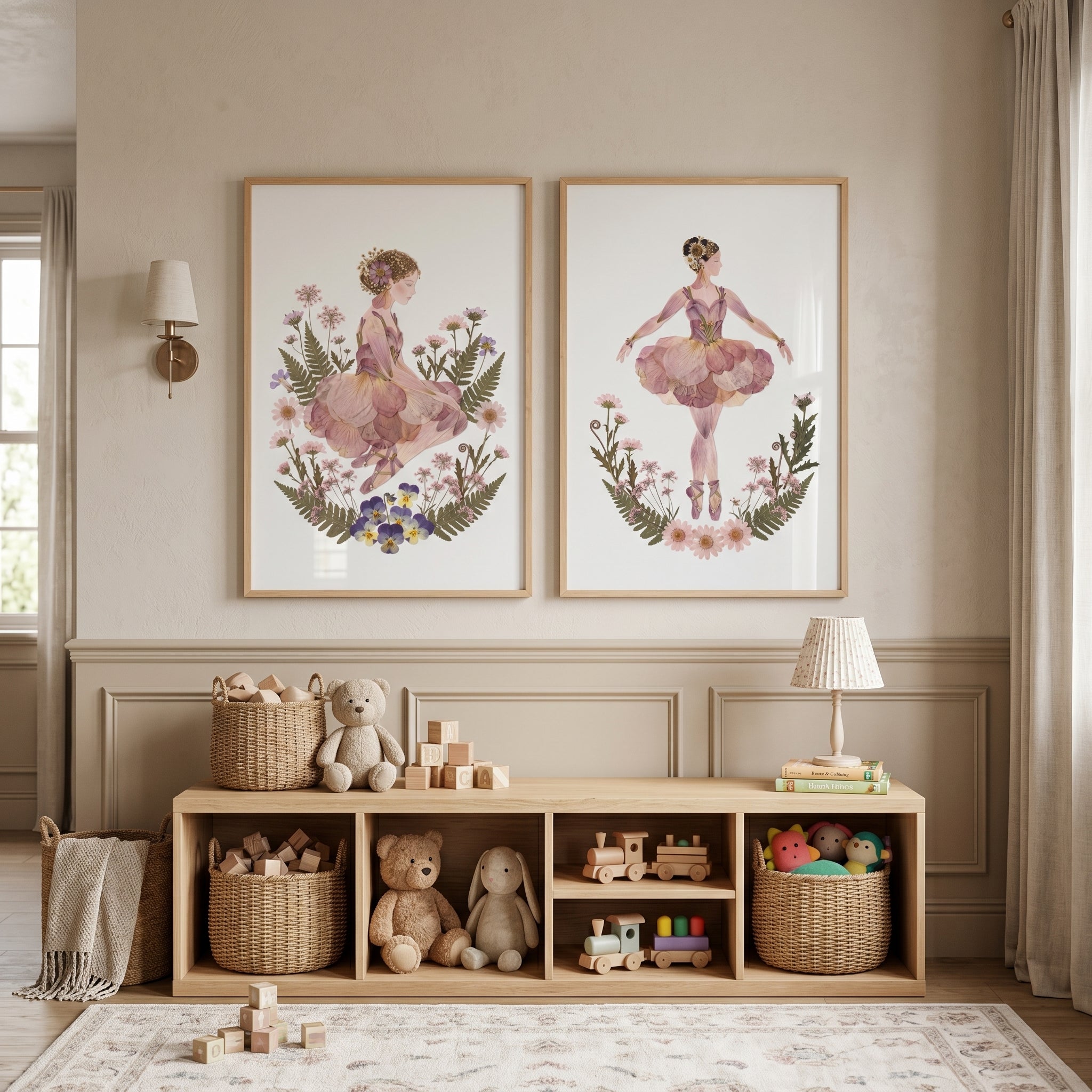 Sophisticated Mauve Petal Ballerina Wall Art Set of 2 - Pressed Flower Dancers