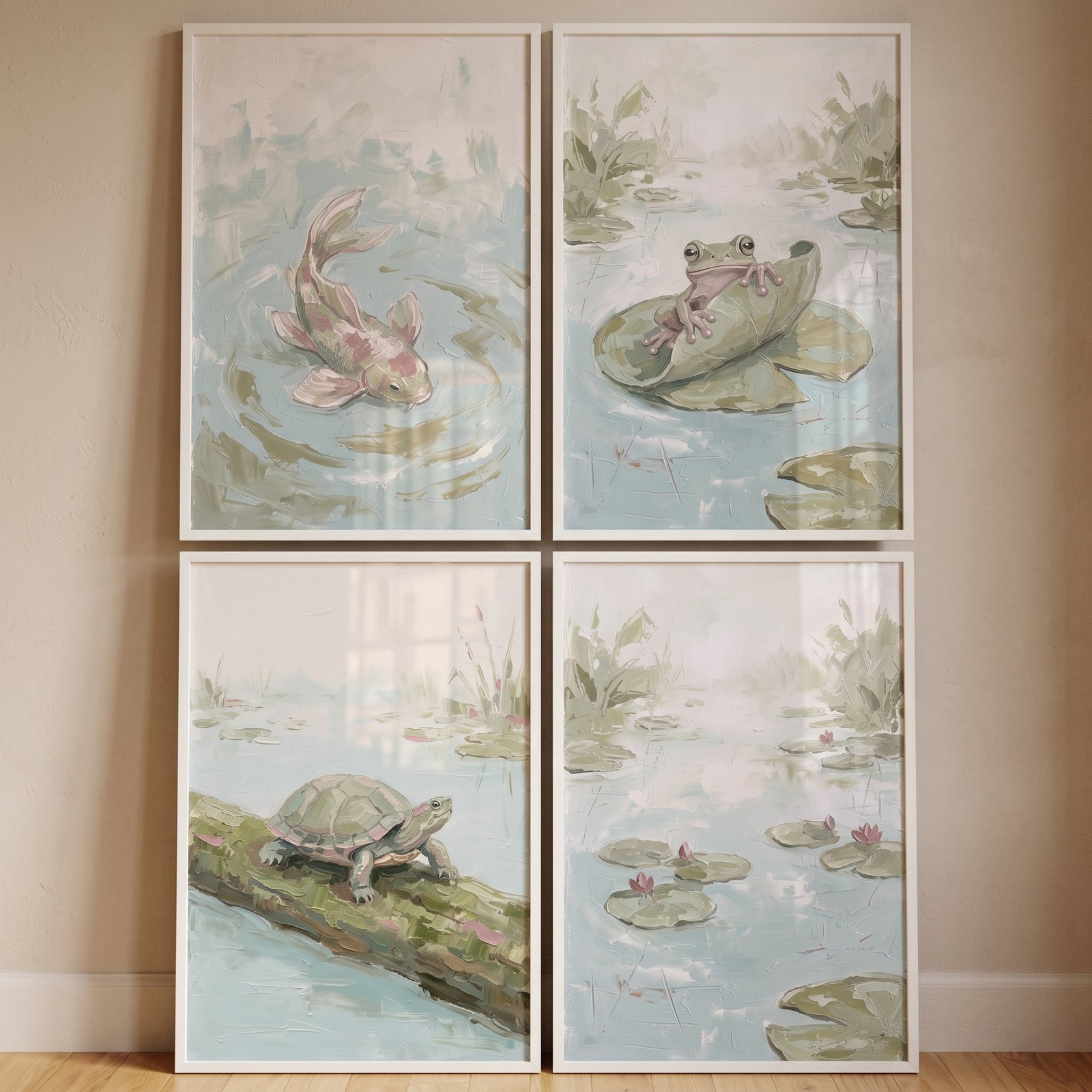 Sophisticated mossy pond wall art set of 4 featuring a koi fish, a frog on a lily pad, a turtle, and water lilies.
