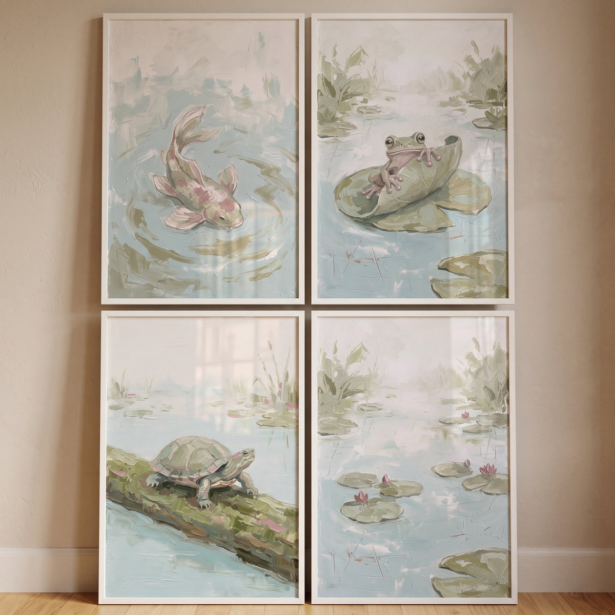 Sophisticated Mossy Pond Wall Art Set Of 4 - Pastel Water Garden