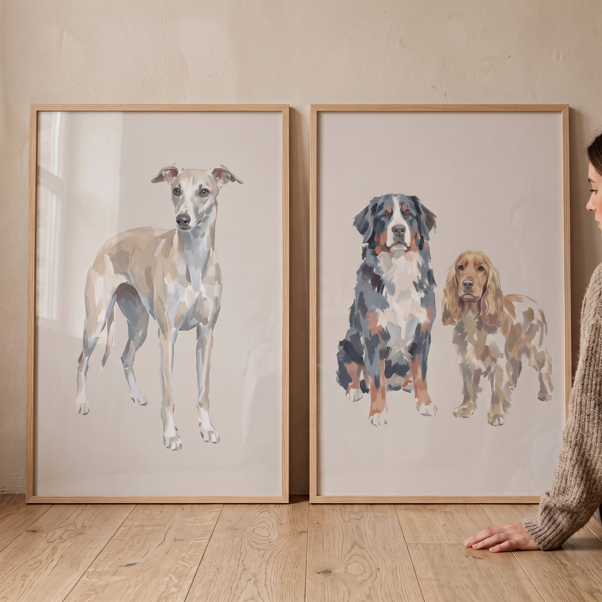 Sophisticated multi breed dog wall art set of 2 featuring illustrations of a sighthound, bernese, and spaniel.