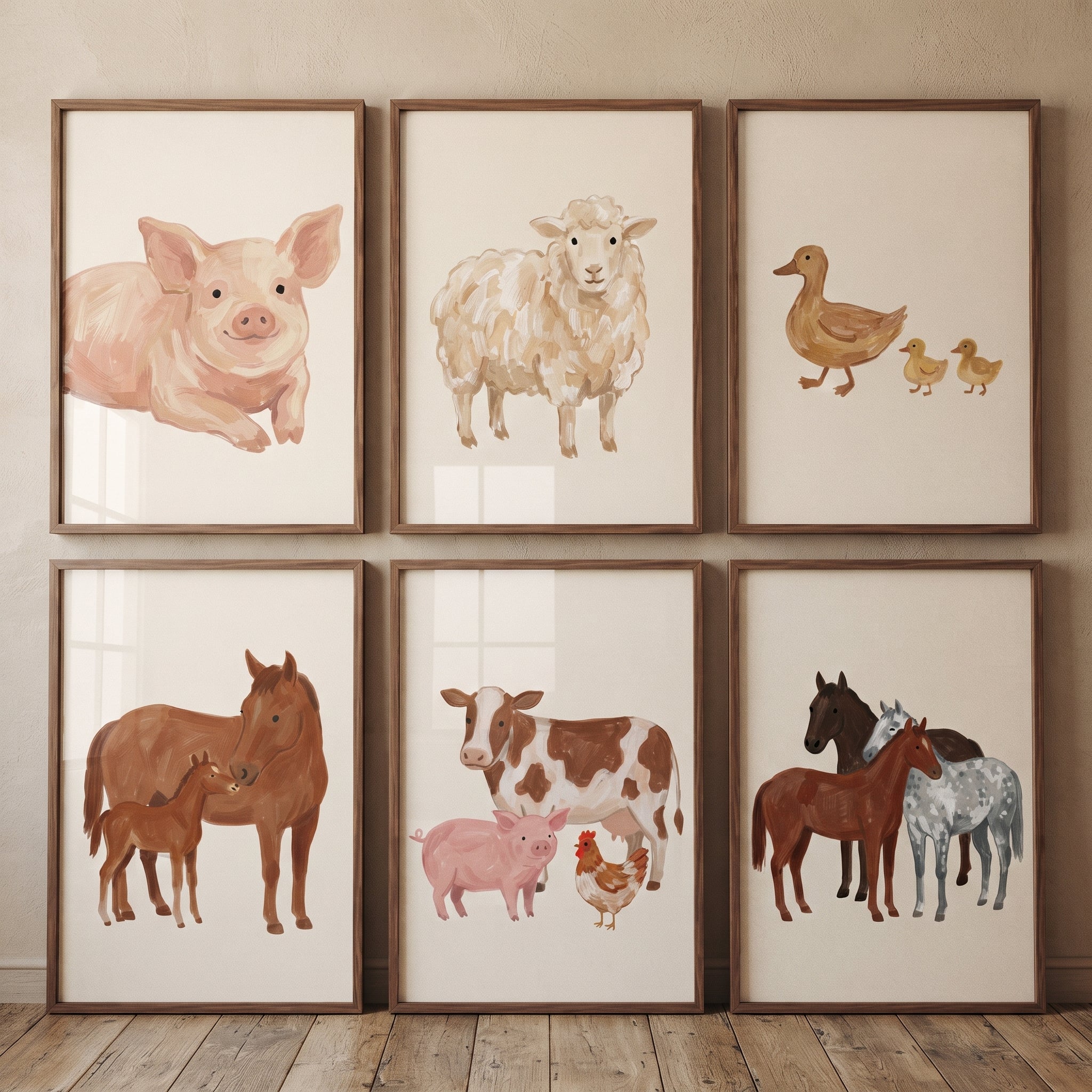 Sophisticated Muted Farm Animals Wall Art Set of 6 - Sweet Farm Friends