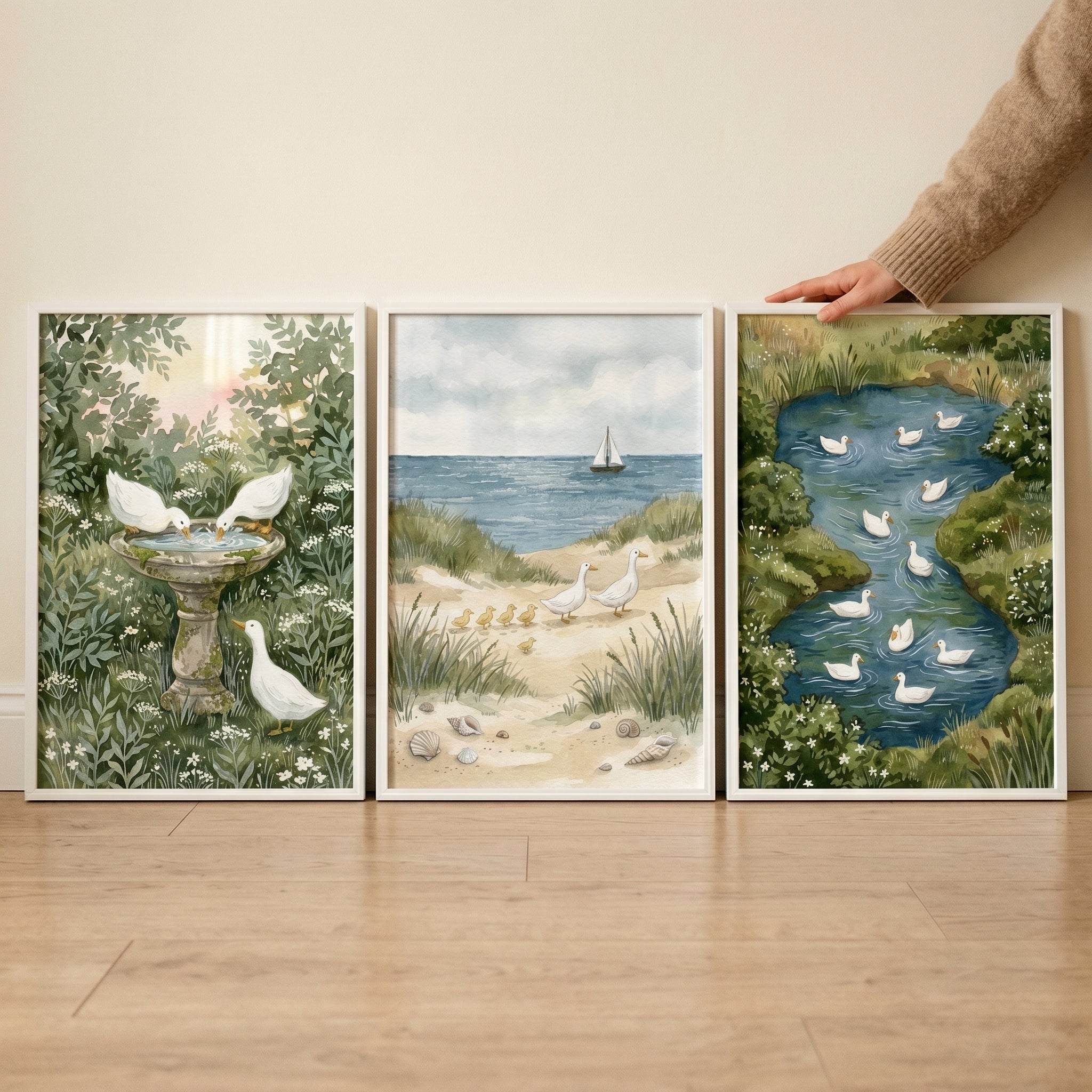Sophisticated Nature White Duck Wall Art Set of 3 - Serene Waterfowl Trio