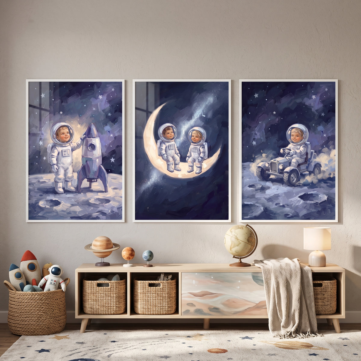 Sophisticated Navy Baby Astronaut Wall Art Set of 3 - Lunar Dream Adventures