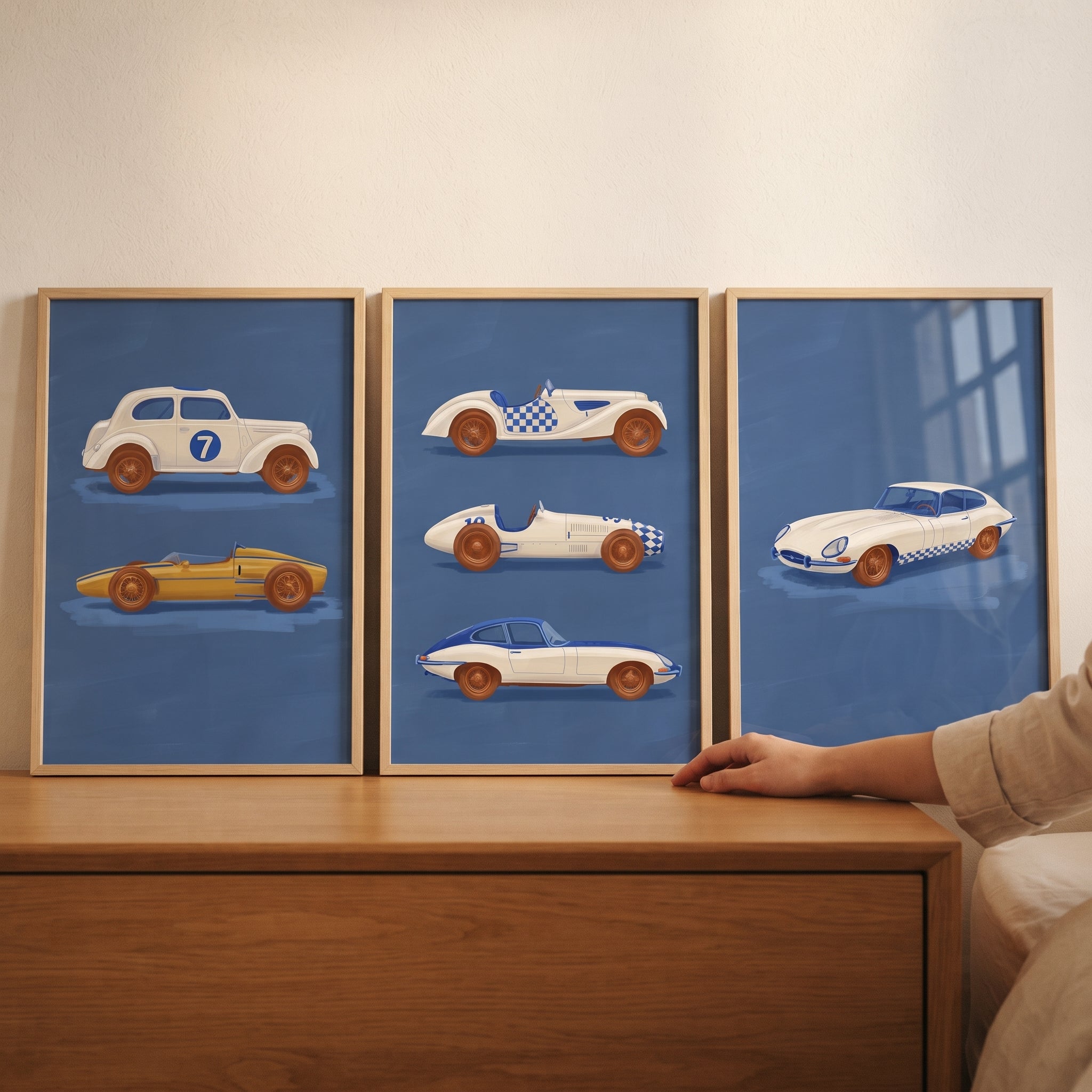 Sophisticated Navy Racing Car Wall Art Set of 3 - Vintage Speed Fleet