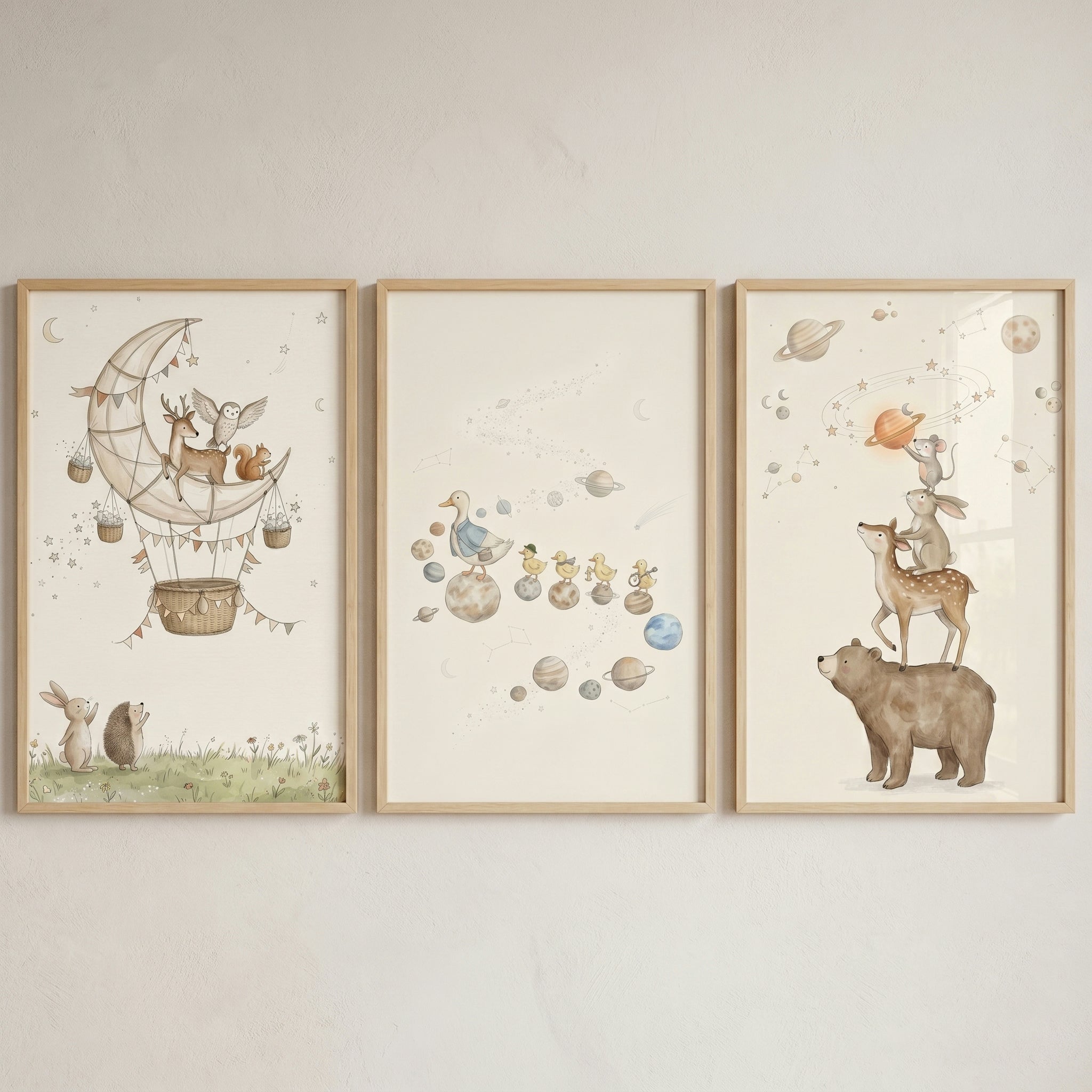 Sophisticated Neutral Celestial Animals Wall Art Set of 3 - Starry Forest Journey