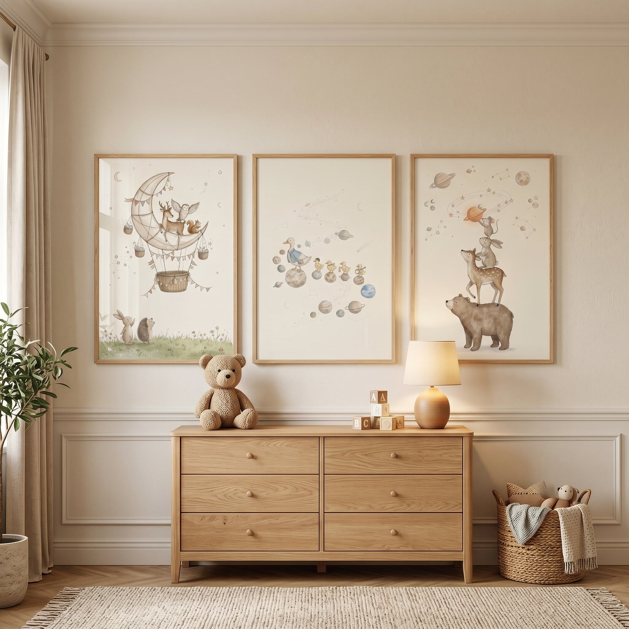 Sophisticated Neutral Celestial Animals Wall Art Set of 3 - Starry Forest Journey