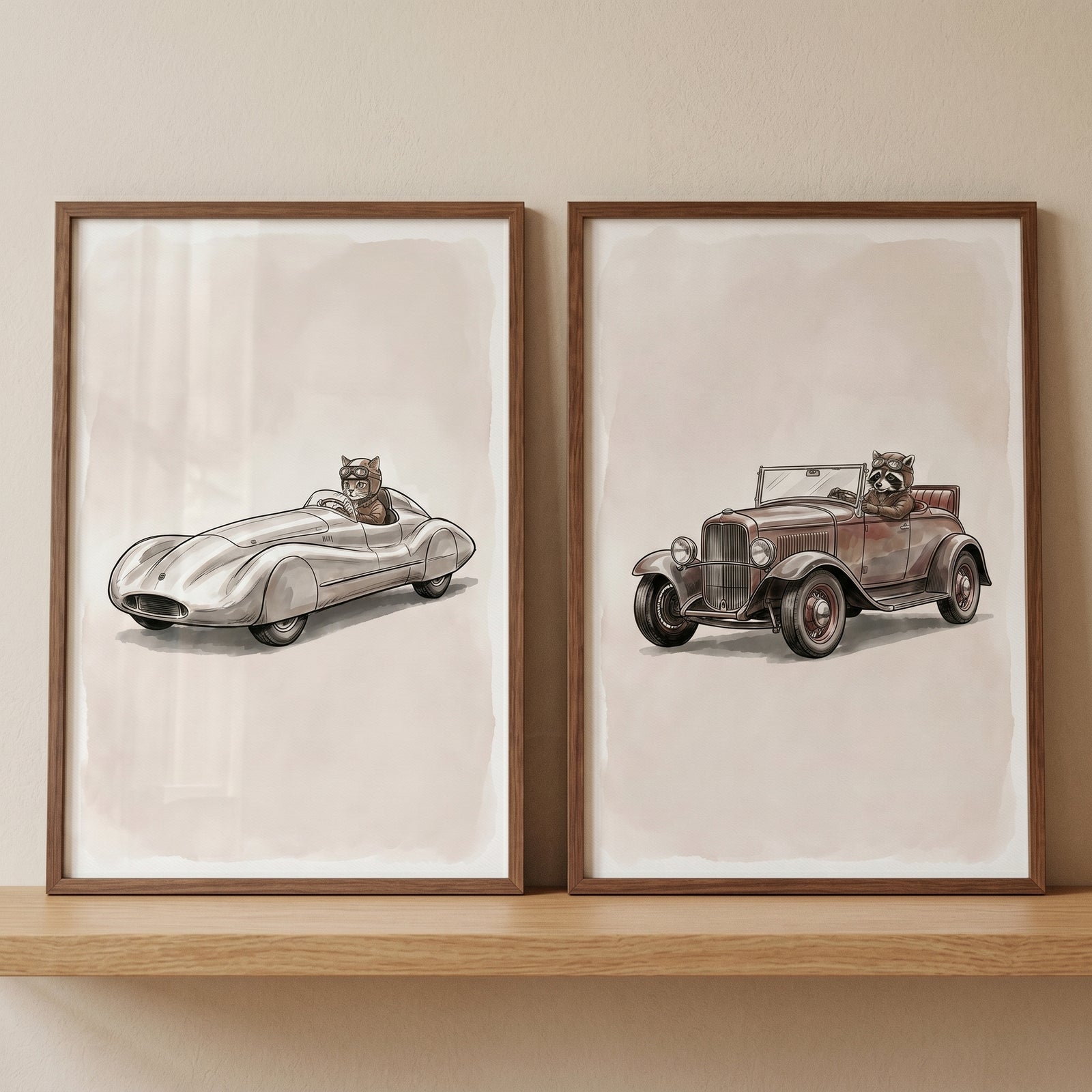Sophisticated neutral driving animal wall art set of 2 featuring a cat and raccoon in vintage cars within wooden frames.